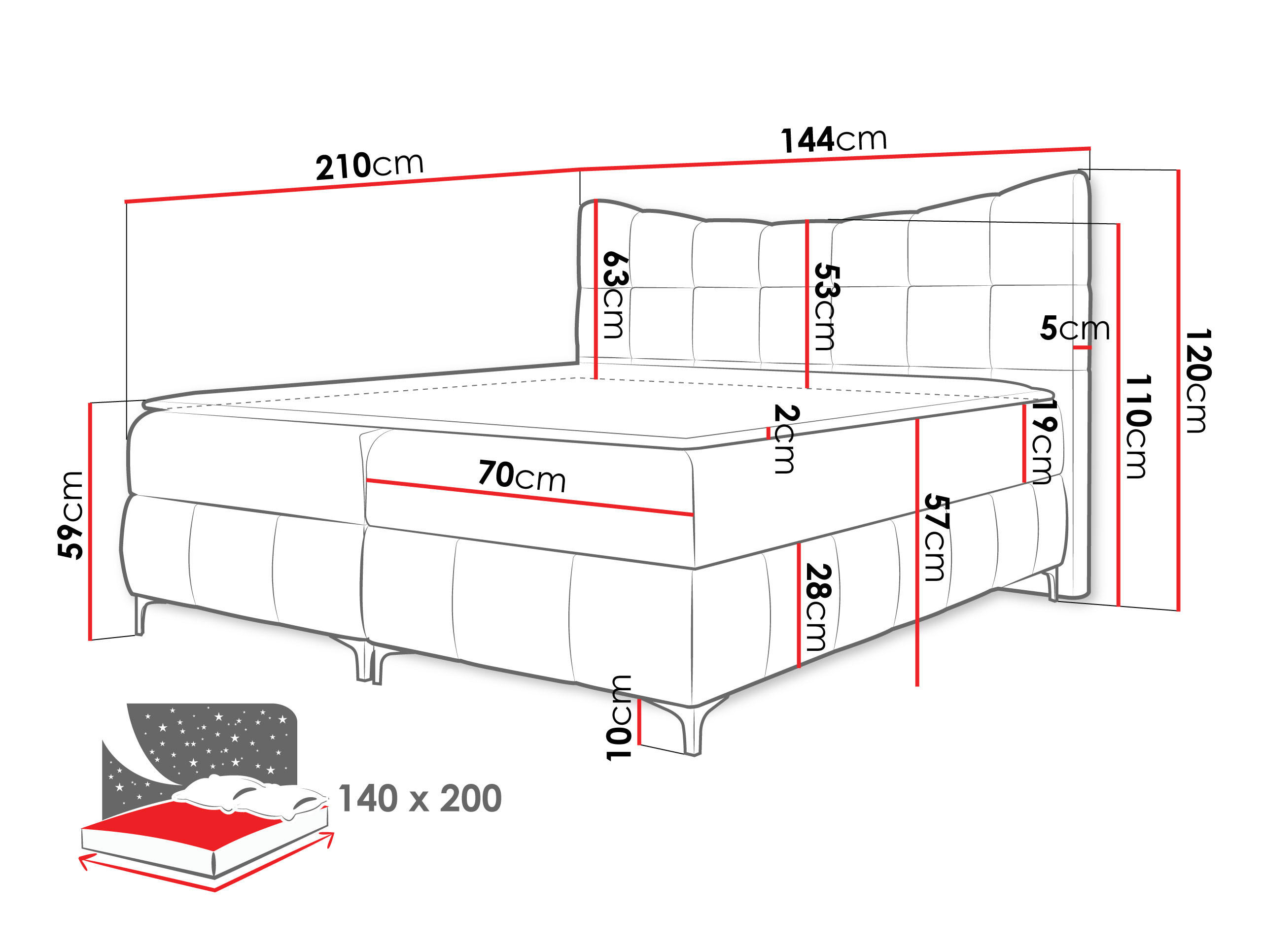 Thumbnail - Mirjan24 Boxbett, Hellblau, Textil, Kiefer, H3, Höhe ca. 19 cm, Rechteckig, 140x200 cm, Schlafzimmer, Betten, Boxspringb...