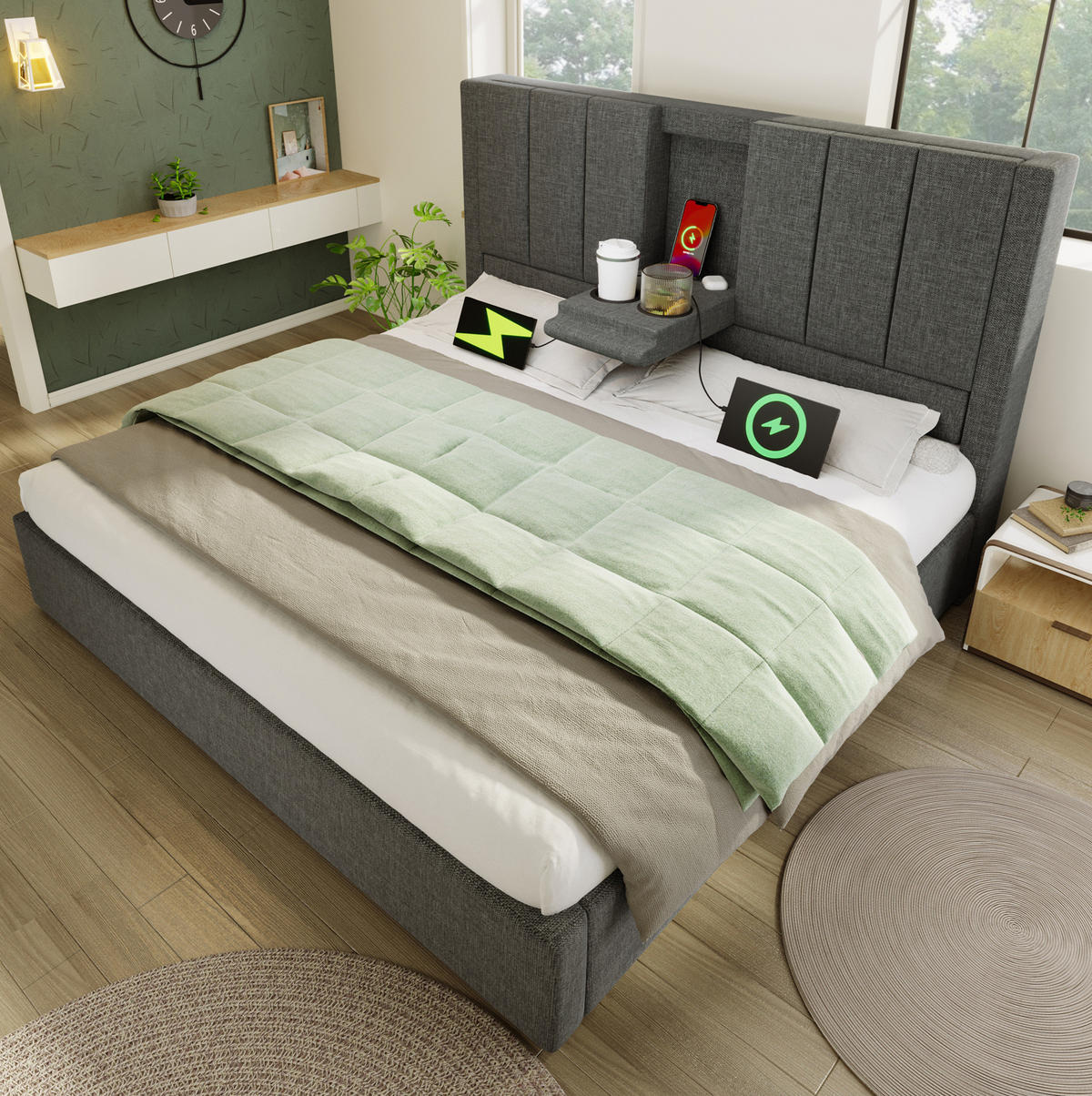 POLSTERBETT 140/190 cm aus Leinen mit Stauraum Ladestation und verstecktem Becherhalter Grau - Grau, Textil (140/190cm) - Modenvie