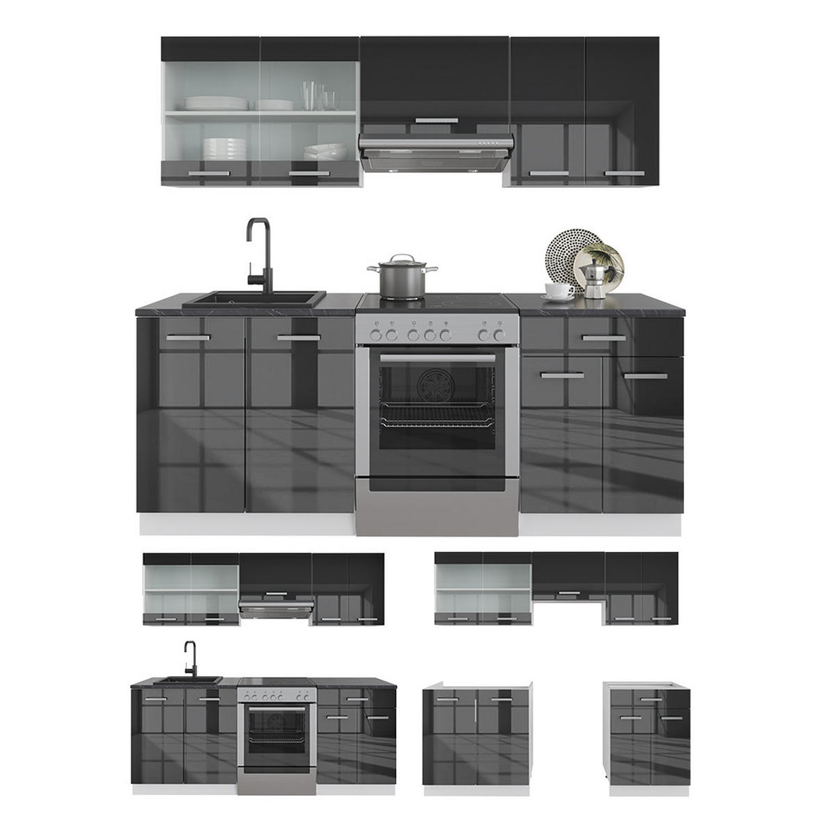 KÜCHENZEILE R-Line Anthrazit Hochglanz/Weiß 200 cm, AP Eiche - Anthrazit/Weiß, Holzwerkstoff (200/81.6/60cm) - Vicco
