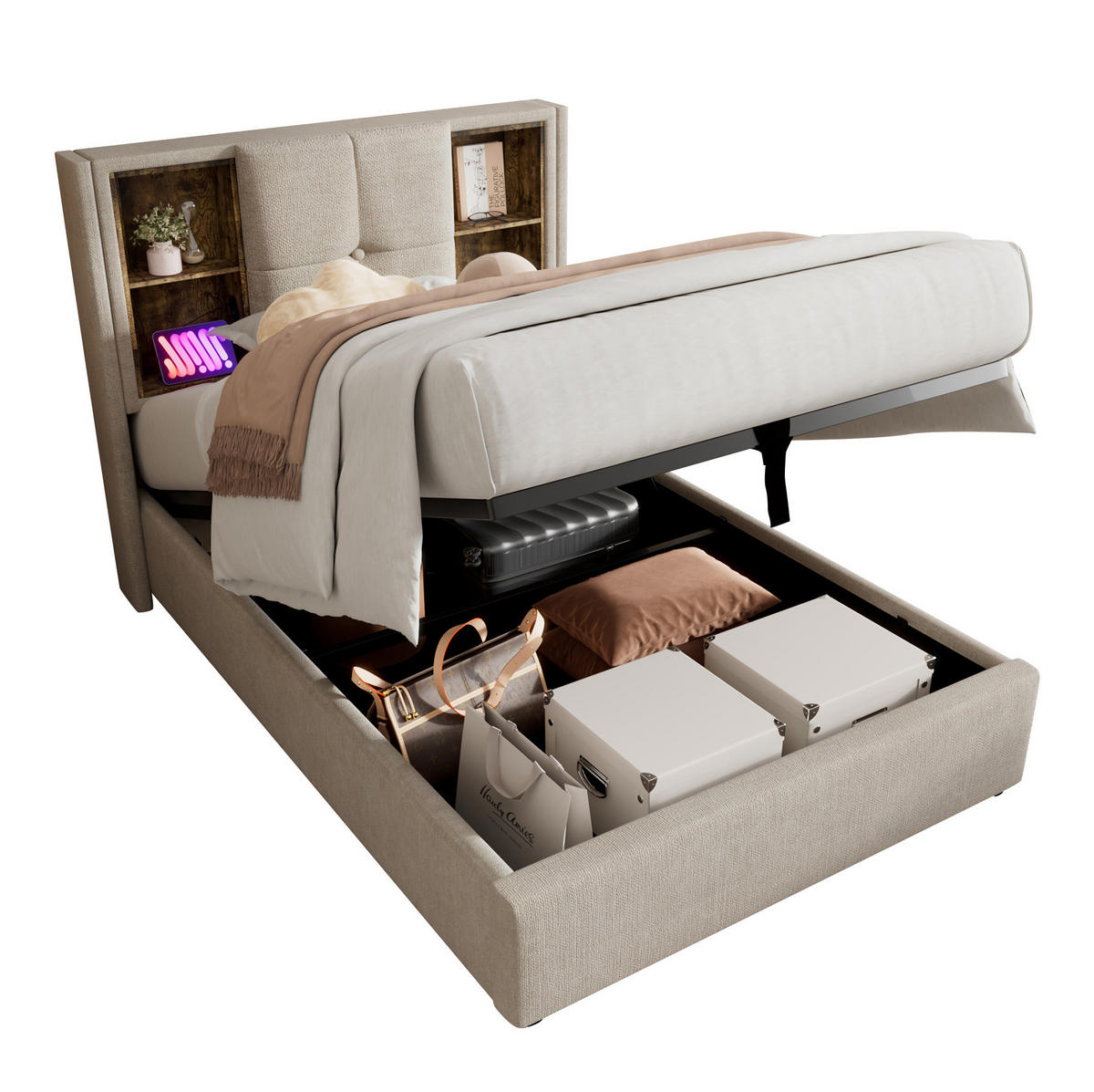 POLSTERBETT 90/200 cm Natur mit Stauraum, USB- und Type-C-Anschlüssen - Naturfarben, Textil (90/200cm) - Flora Grace