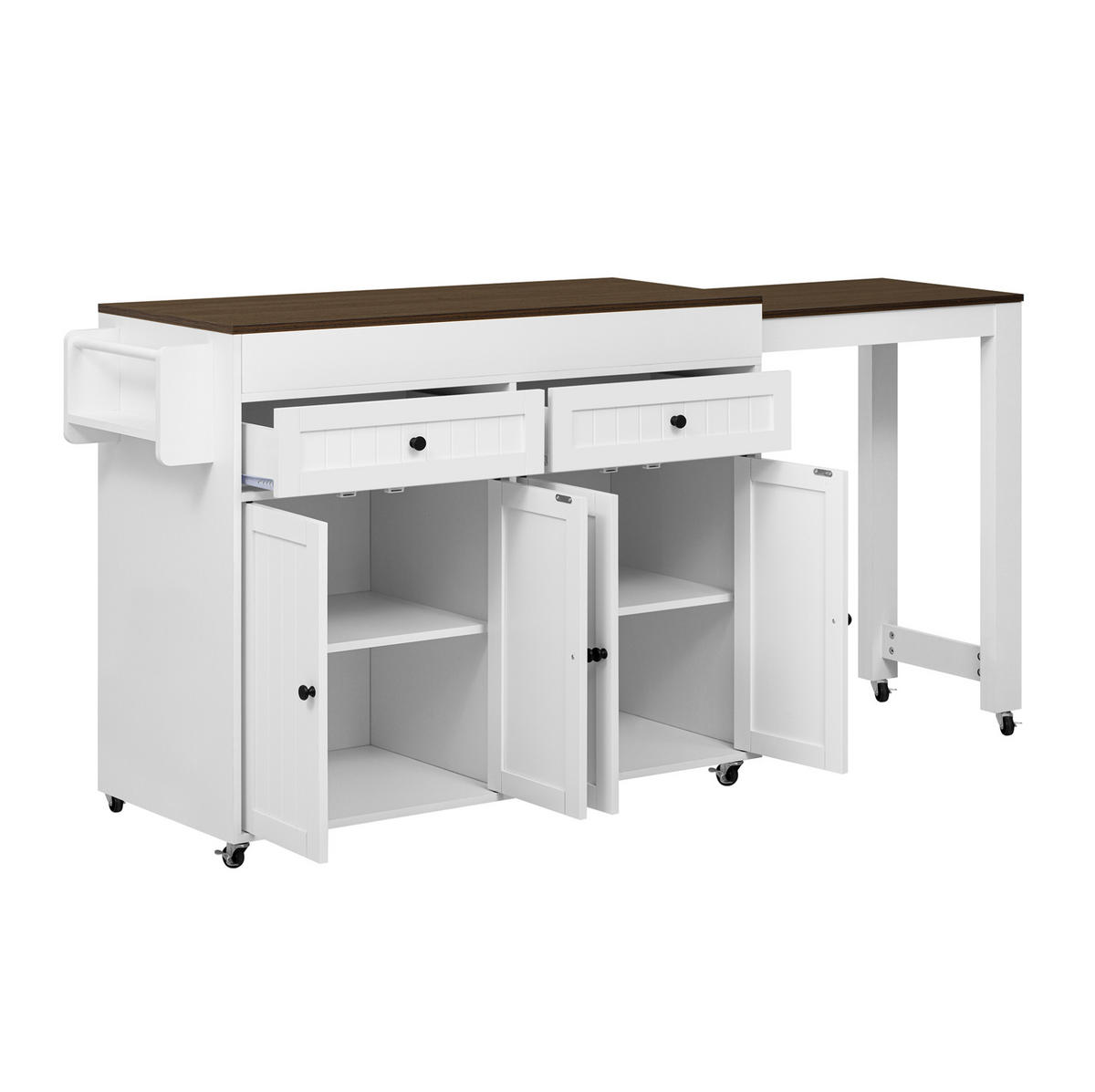 KÜCHENINSEL 112-180,5/45/92,2 cm mit ausziehbarer Arbeitsplatte, 7 Rollen und MDF-Korpus, Weiß/Walnuss - Weiß/Braun, Holzwerkstoff (180.5/92.2/45cm) - Redom