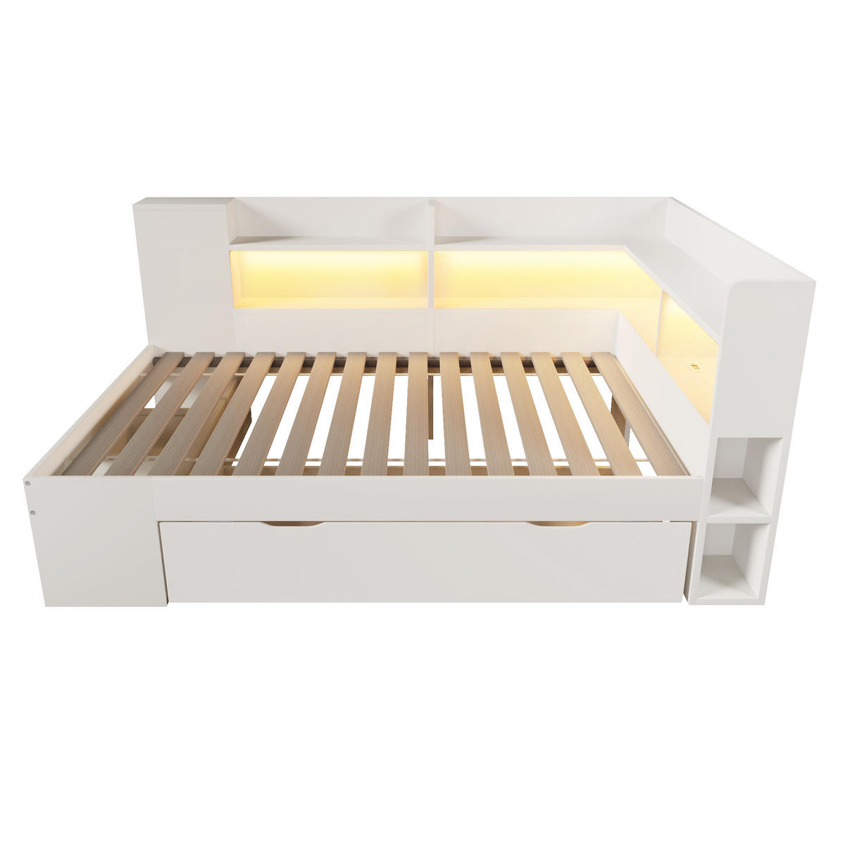 DENNÁ posteľ 90/200 cm biela s LED osvetlením USB nabíjaním a úložným priestorom z dreva - biela, textil (90/200cm) - OKWISH