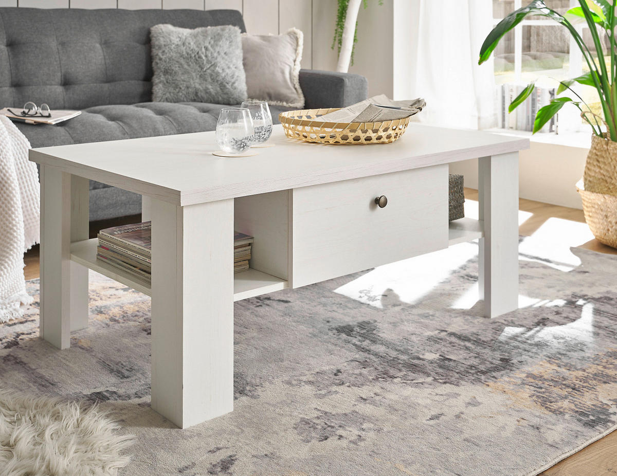 COUCHTISCH weiß Pinie Landhaus, Beistelltisch 107 x 67 cm, Soft-Close-Funktion - Weiß/Pinienfarben, Holzwerkstoff/Metall (110/70/45cm) - Furn.Design