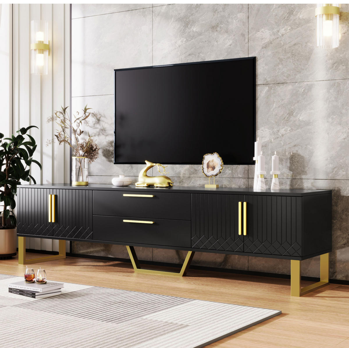 TV-SCHRANK aus MDF 170x40x53,5 cm Schwarz mit 4 Türen, Kabeldurchlässen und Hochglanzoberfläche - Schwarz, Holzwerkstoff (170/53.5/40cm) - Modfu