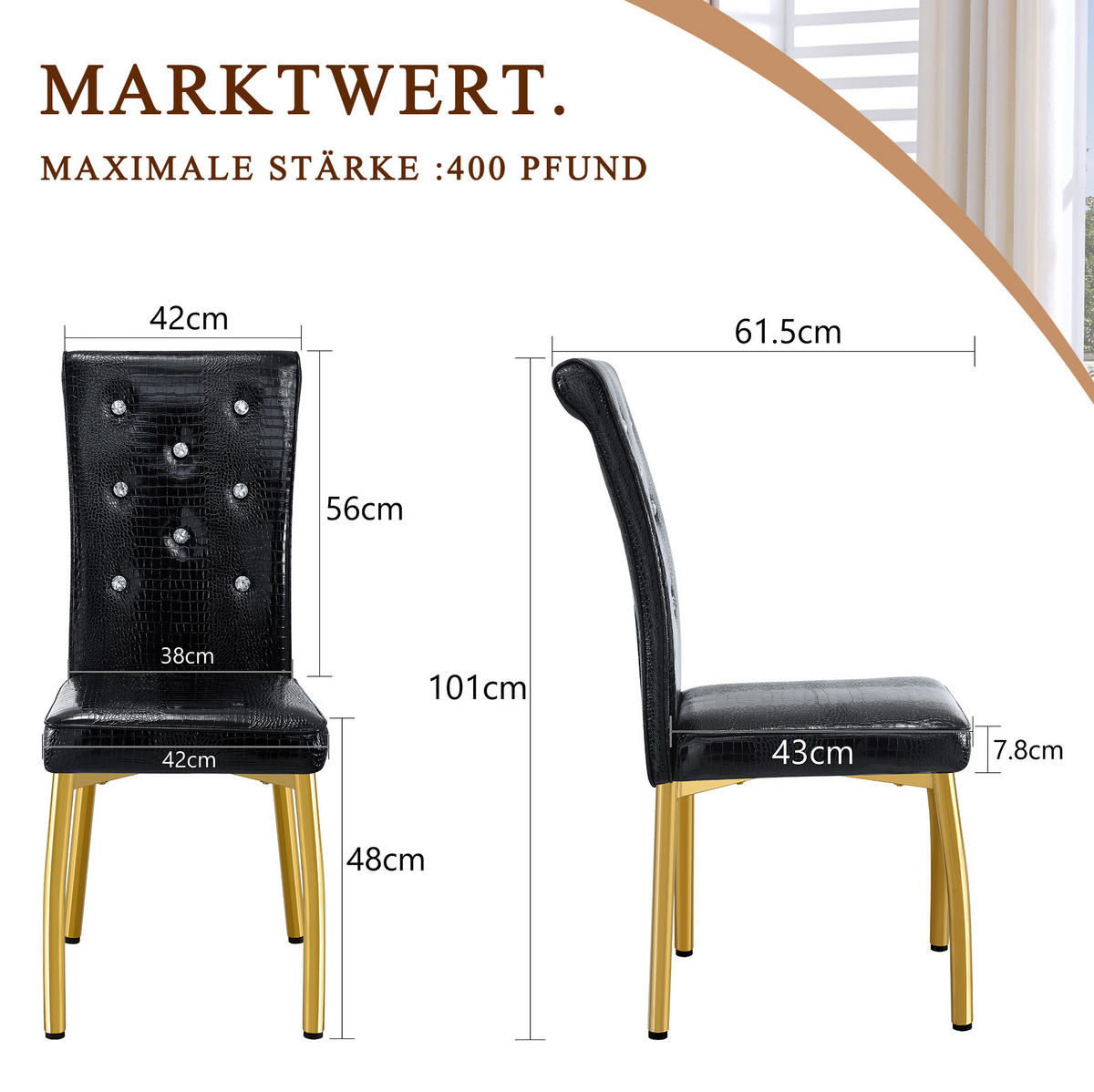 ESSZIMMERSTUHL 2er-Set PVC Schwarz Gold - Goldfarben, Metall (42/101/61.8cm) - Meubliv