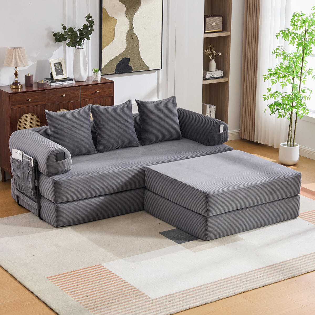 ECKSOFA aus Cord 200x190x67 cm Dunkelgrau mit Hocker, Seitentasche und 3 Kissen - Dunkelgrau, Textil (200/190cm) - Modfu