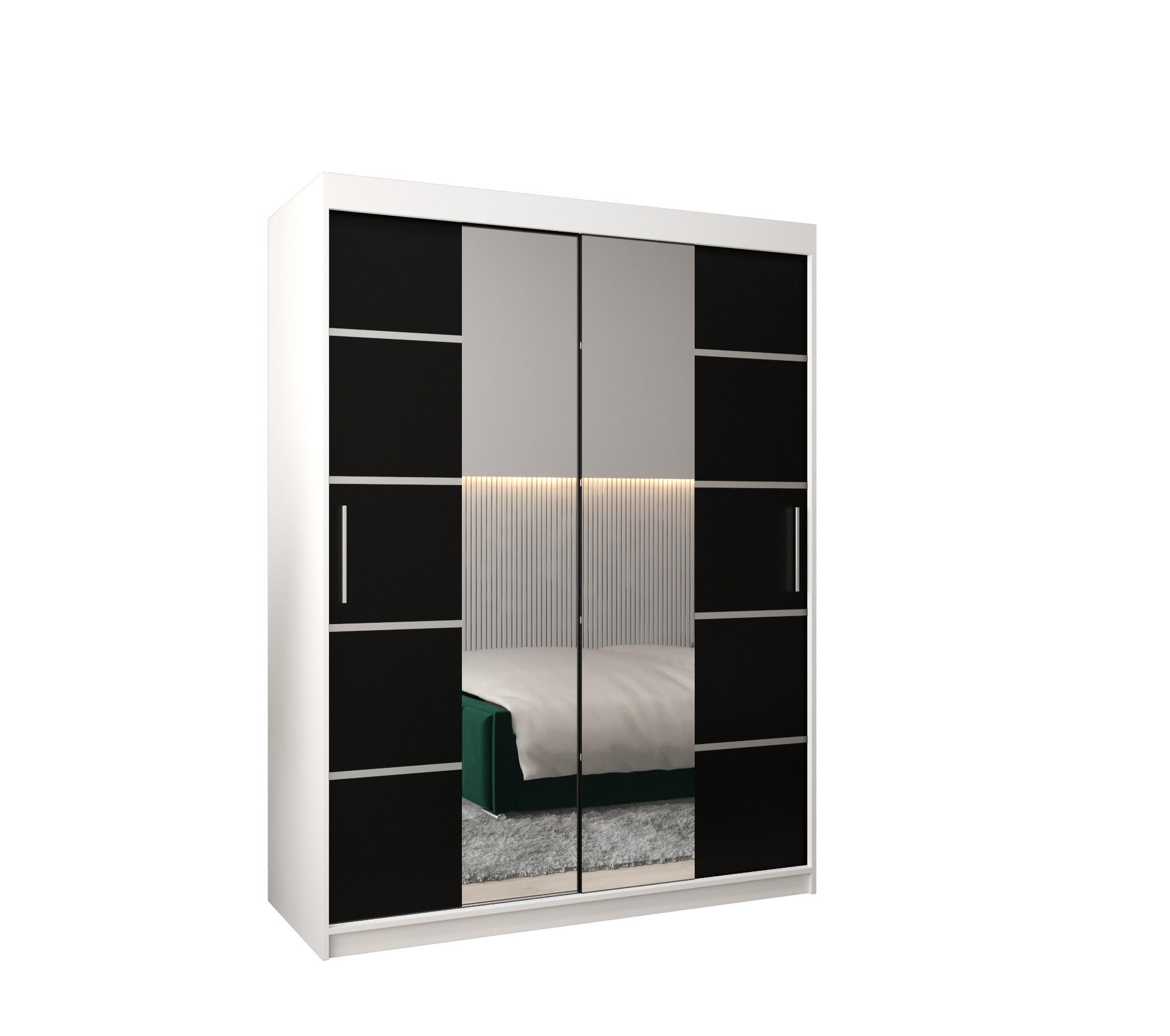 Möbel Kryspol Schwebetürenschrank Weiß, Schwarz, Silber 150x200x62 cm