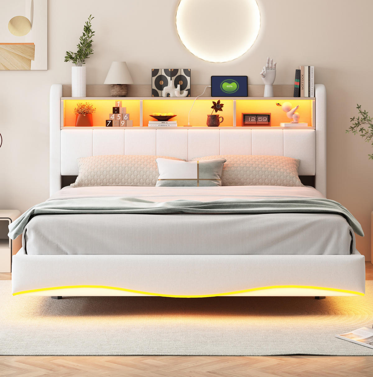 POLSTERBETT 160/200 cm mit LED-Beleuchtung, USB-C und gepolstertem Kopfteil - Beige, Textil (160/200cm) - BEAOK