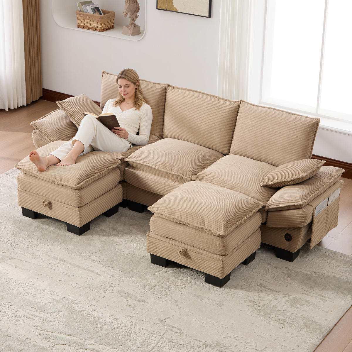 3-SITZER Sofa aus Corduroy 260x132x84 cm mit 2 Hockern & USB-C, beige - Beige, Textil (132/84/260cm)