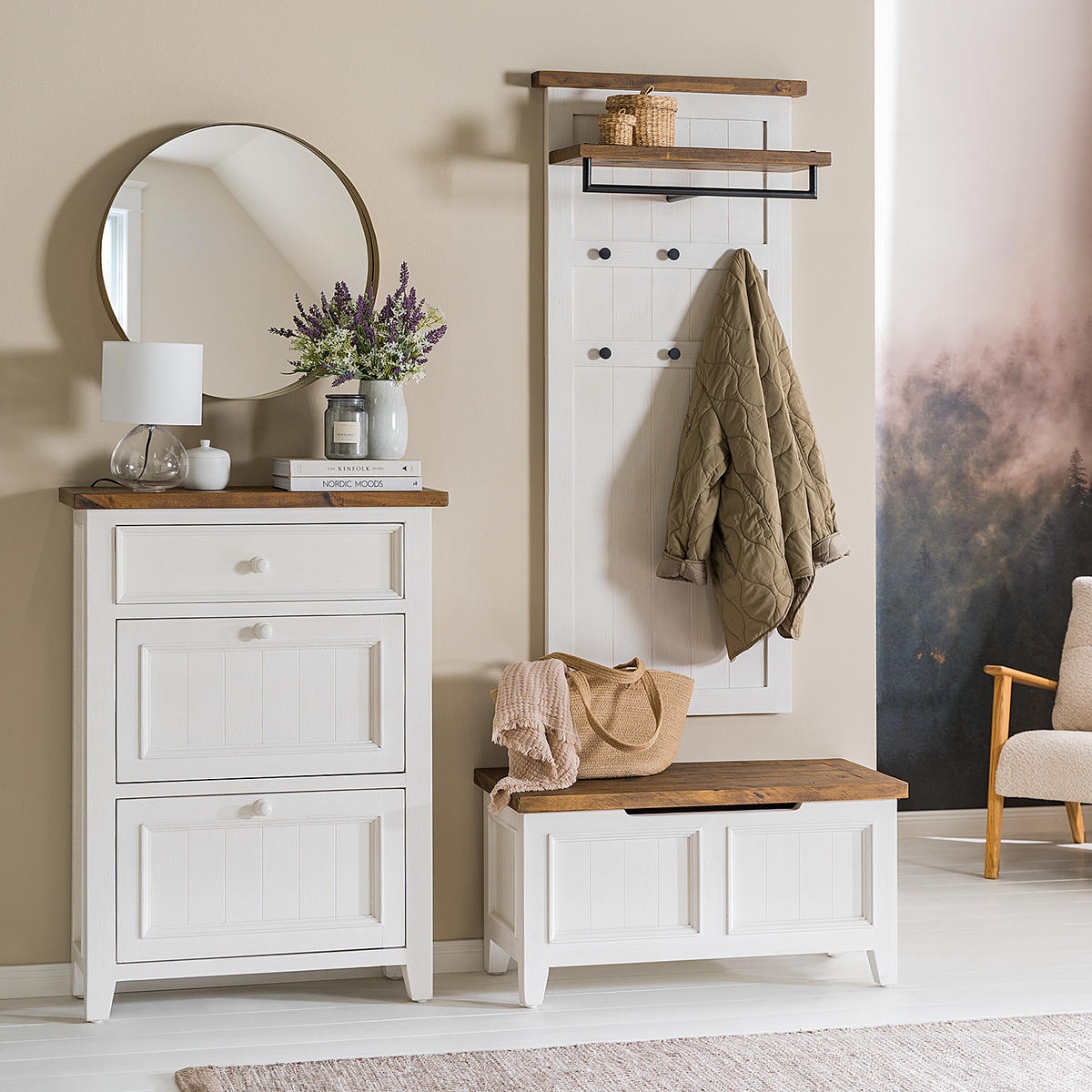 GARDEROBENSET - 3-teilig - Kiefer massiv - Weiß / Kiefer - Weiß, Holz/Metall (170/194/40cm) - home24