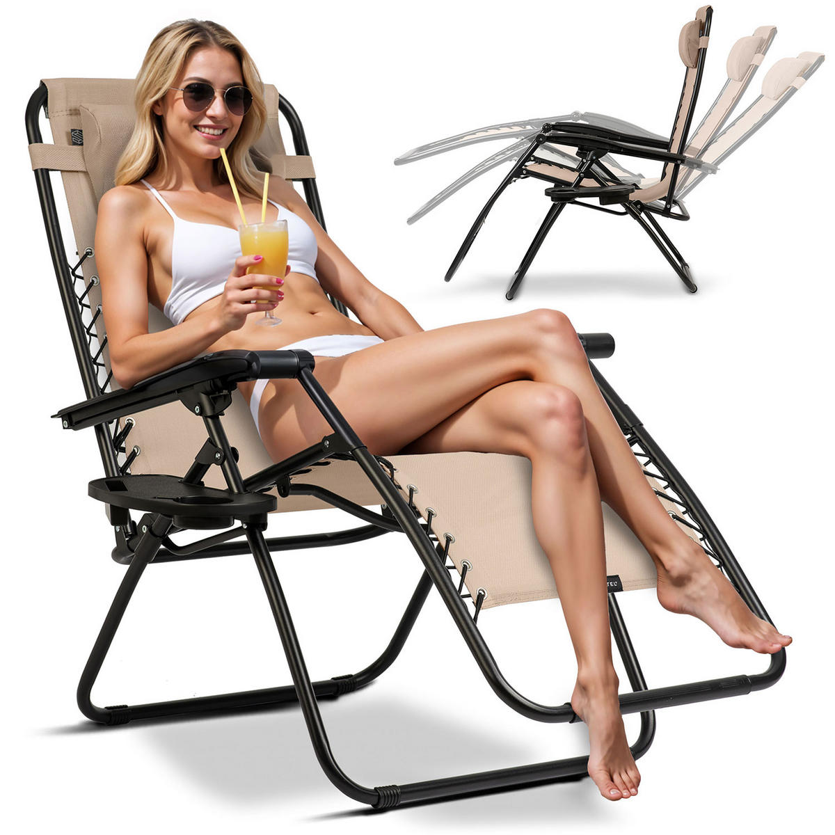 GARTEN-RELAXSESSEL Klappbarer mit Kissen, Beige - Beige, Metall (60/102/110cm)