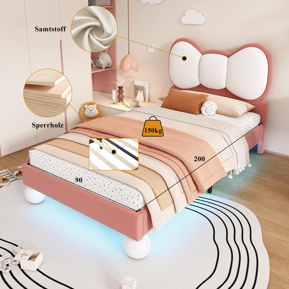 KINDERBETT 90/200 Polsterbett mit LED, Fliege-Kopfteil, Samt, Beige-Rosa - Rosa, Holz/Textil (90/200cm) - PARAFTA HOME