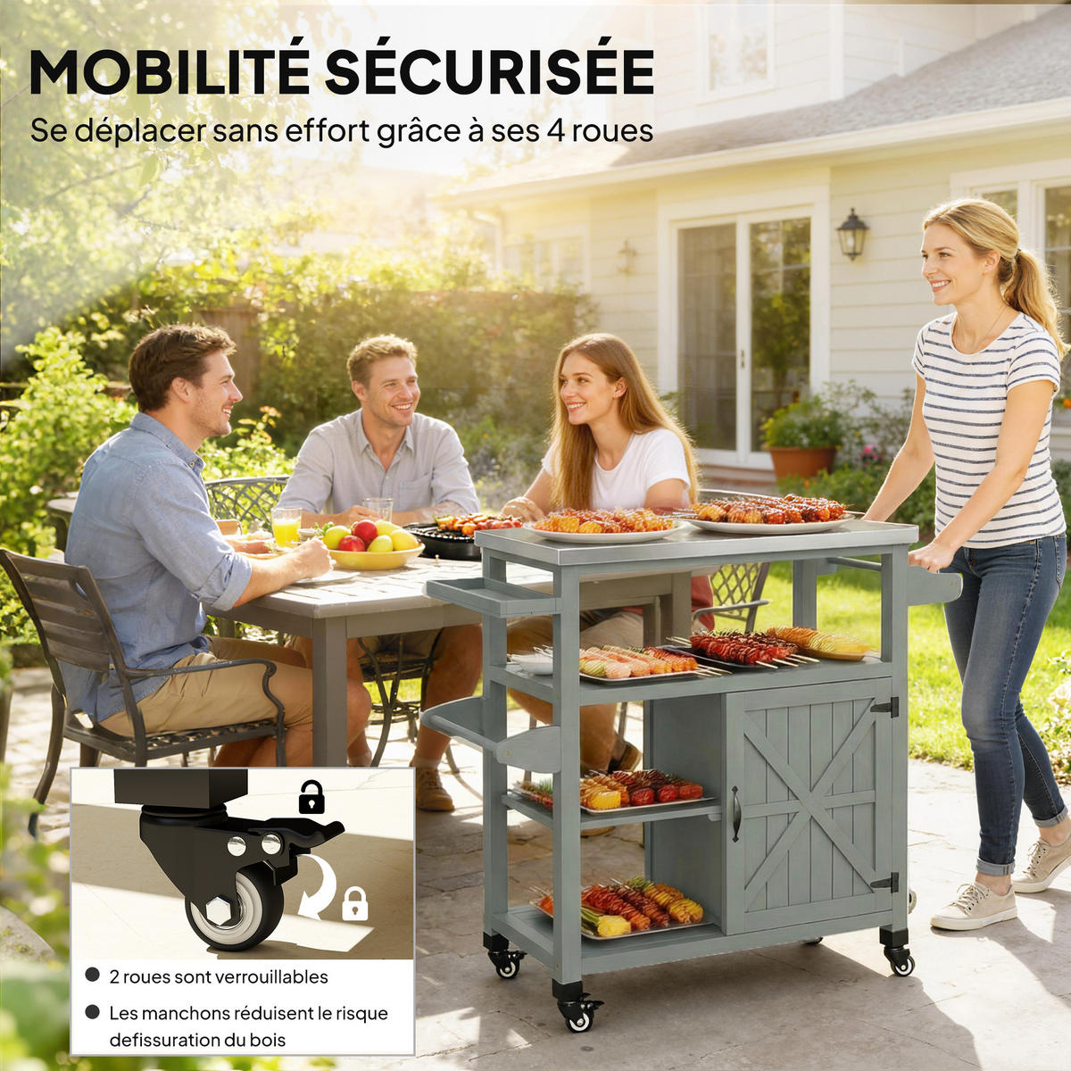 GRILLWAGEN DE-13858 mit Edelstahl-Arbeitsplatte und Holzrahmen Grau - Grau, Metall (49.5/92.5/107cm) - ComfortXL