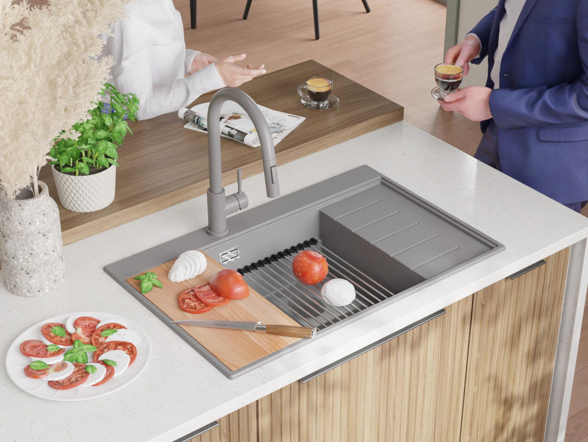 GRANITSPÜLE Sydney, 2-er set Grau 78/50 cm 1 Becken + Küchenarmatur 38/14 cm + Ablauf-Set + Küchenzubehörset ab 60er Unterschrank - Chromfarben/Beige, Kunststoff (78/20/50cm) - Primagran