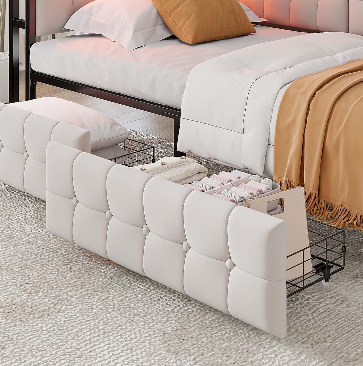 POLSTERBETT 90/200 cm Beige aus Samt mit 2 Schubladen und LED-Beleuchtung - Beige, Textil (90/200cm) - OKMYHOME