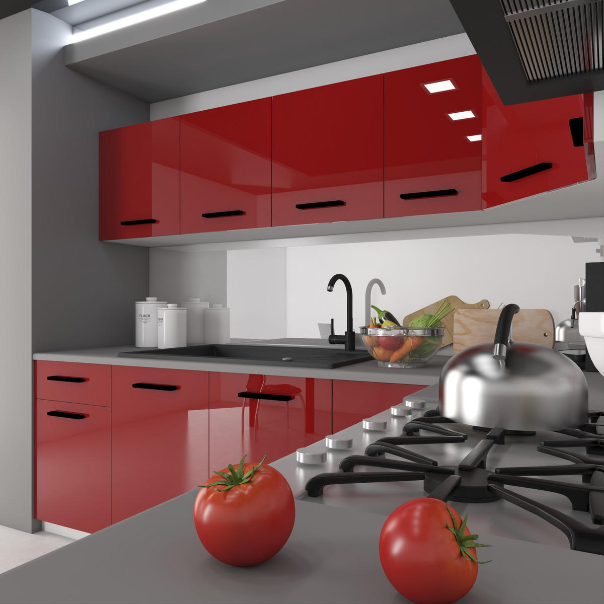 KÜCHENZEILE Italia 7 420 cm , mit Arbeitsplatten, Rot - Rot, Holz (420/143/60cm) - B BELINI GROUP