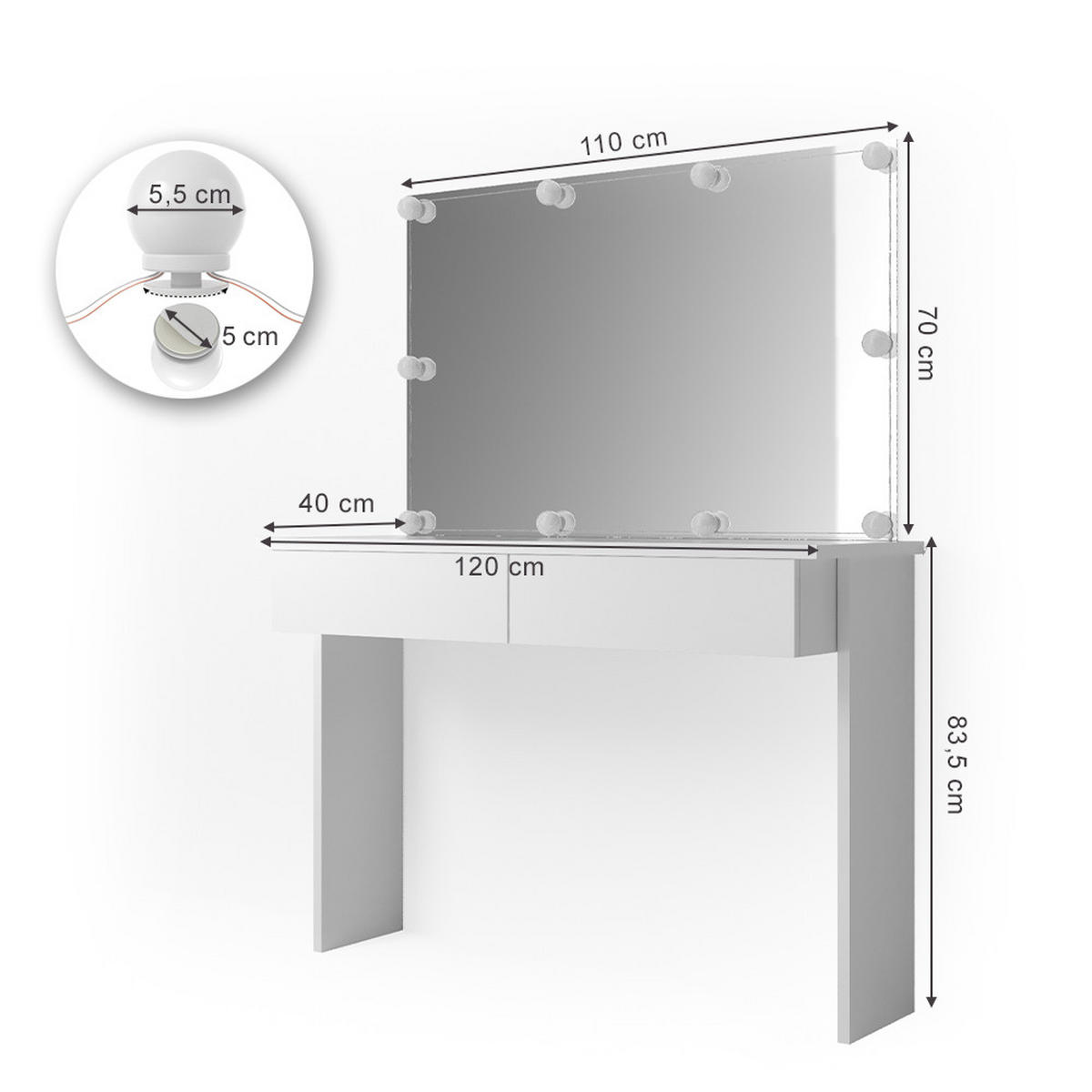 SCHMINKTISCH Azur Weiß 120 cm mit LED Beleuchtung - Weiß, Holzwerkstoff (120/83/40cm) - Vicco