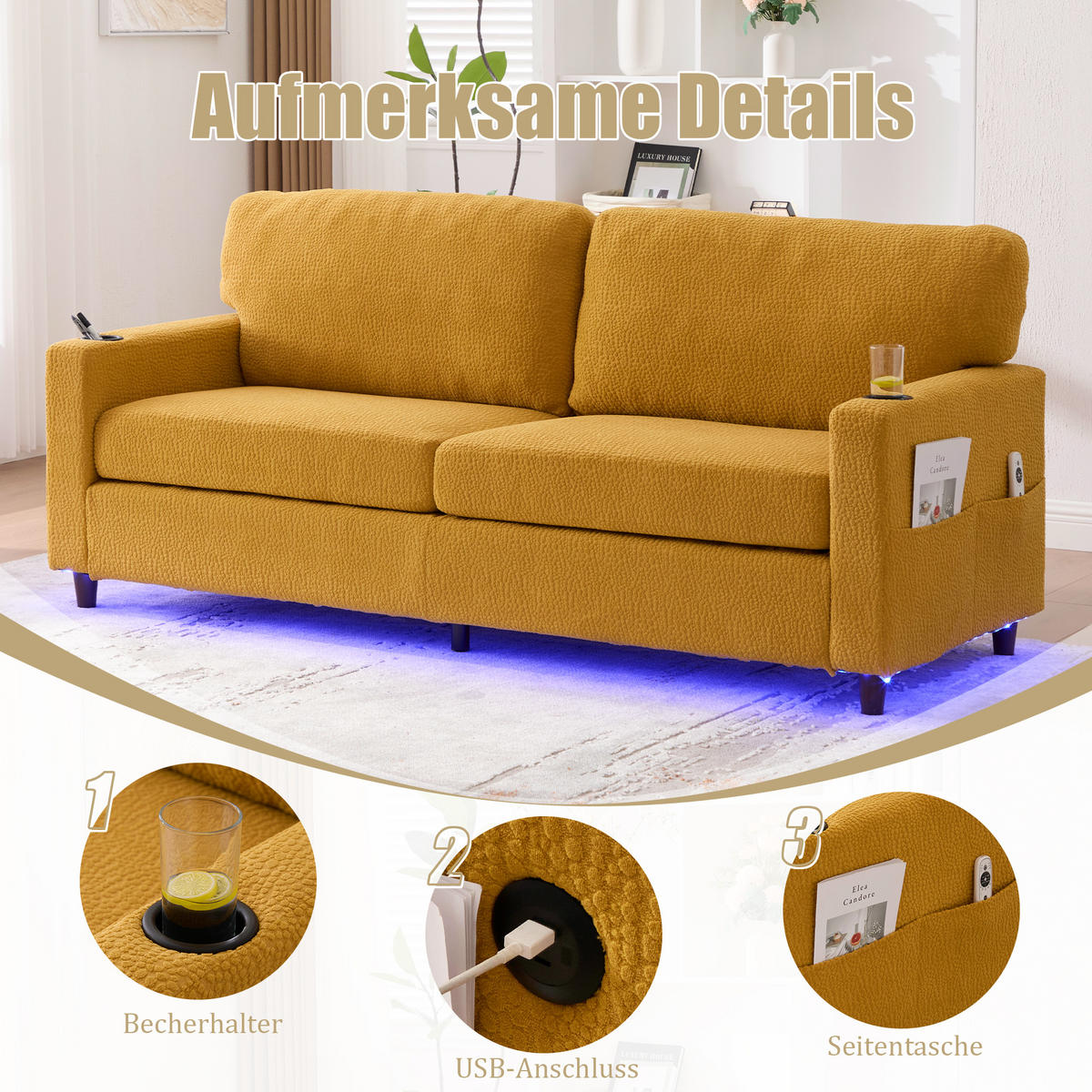 ZWEISITZER Sofa Chenille mit USB-Anschluss und LED Getränkehalter 203/77,5/86 cm Gelb - Gelb, Textil (77.5/86/203cm) - Redom
