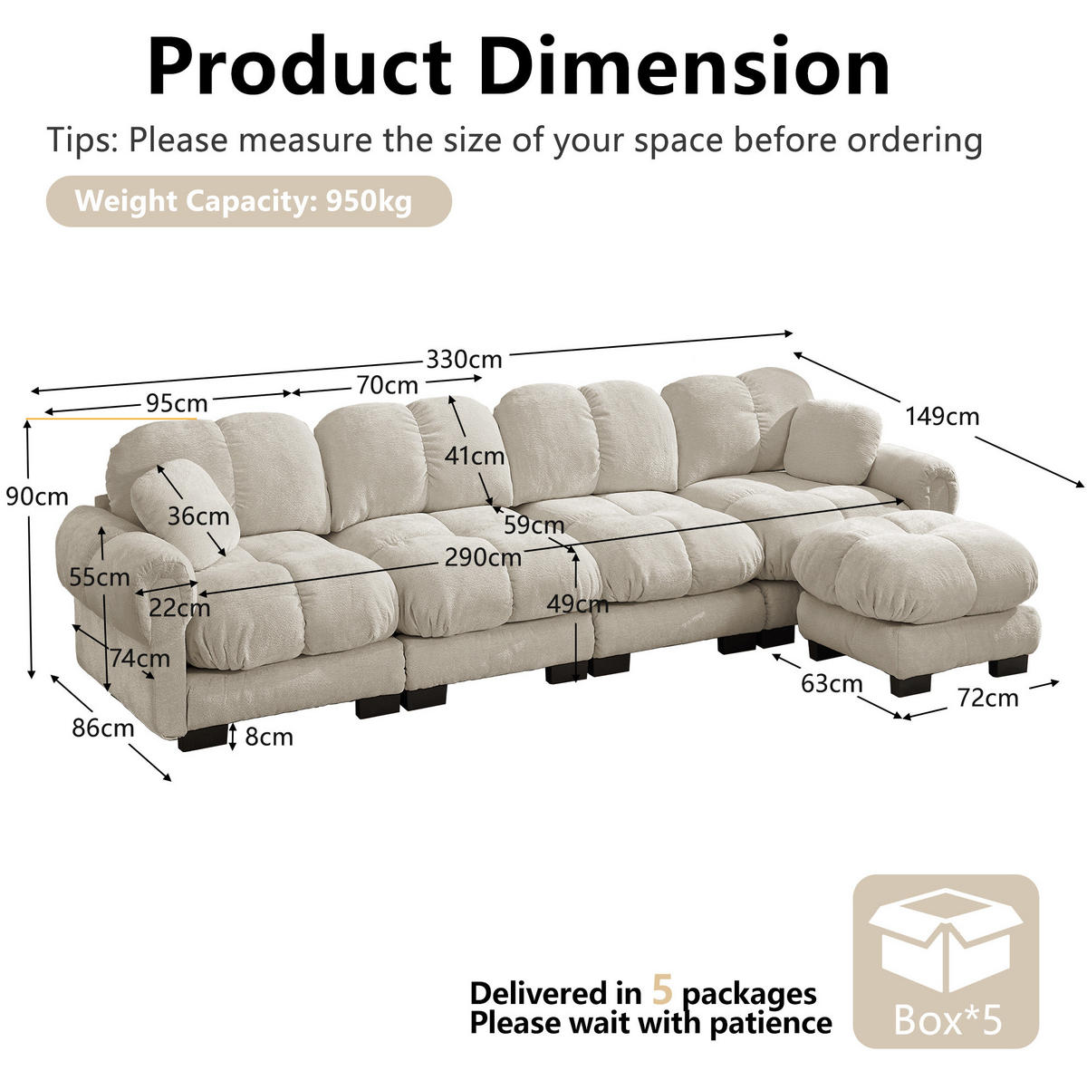 SOFA L-förmig 4-Sitzer Chenille Hellkhaki - Hellbraun, Holz (149/330cm) - Meubliv