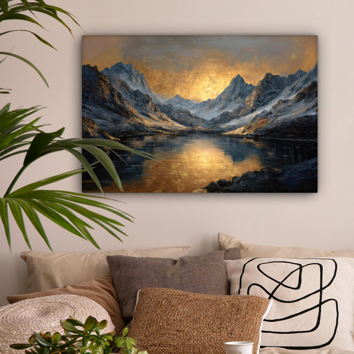 LEINWANDBILD Bergkulisse mit goldenem Sonnenuntergang Wanddeko 90x60 cm - Goldfarben, Textil (90/60cm) - MuchoWow