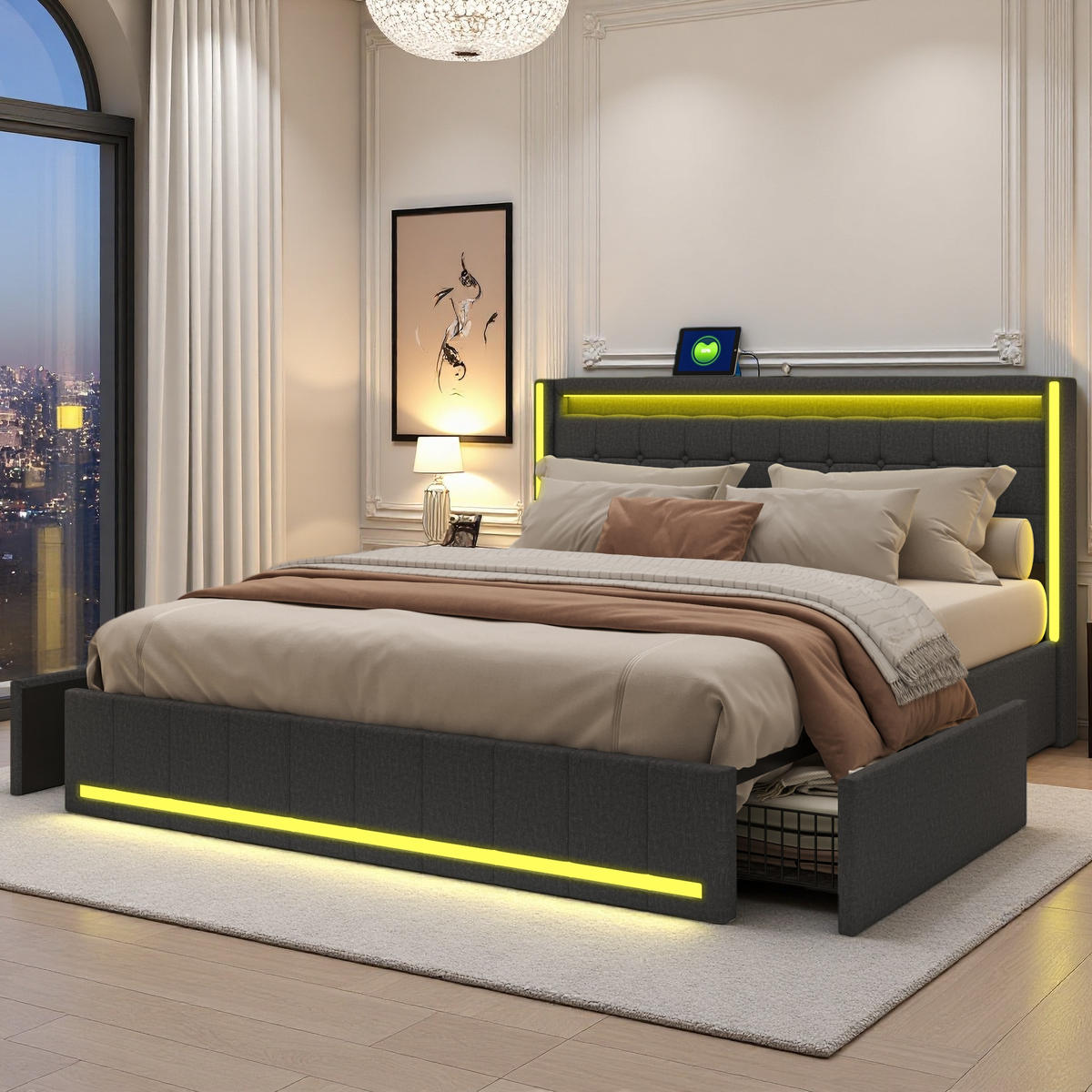 POLSTERBETT mit LED-Beleuchtung, USB-Anschluss und 4 Metallschubladen, dunkelgrau, Leinenmaterial. - Grau, Holz (140/200cm) - WoodenAura