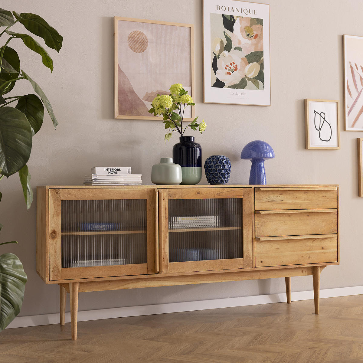 MASSIVES SIDEBOARD mit 3 Schubladen - Akazie massiv - Akaziefarben, Glas/Holz (180/80/40cm) - home24