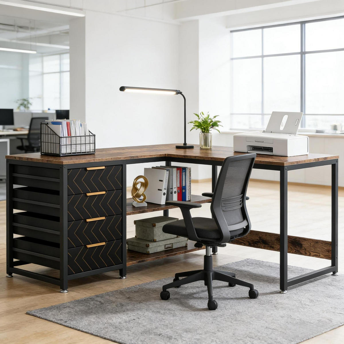 ECKSCHREIBTISCH L-Form mit Regal und 4 Schubladen Schwarz Rustic Brown - Schwarz, Metall (150/110/75cm) - Meubliv