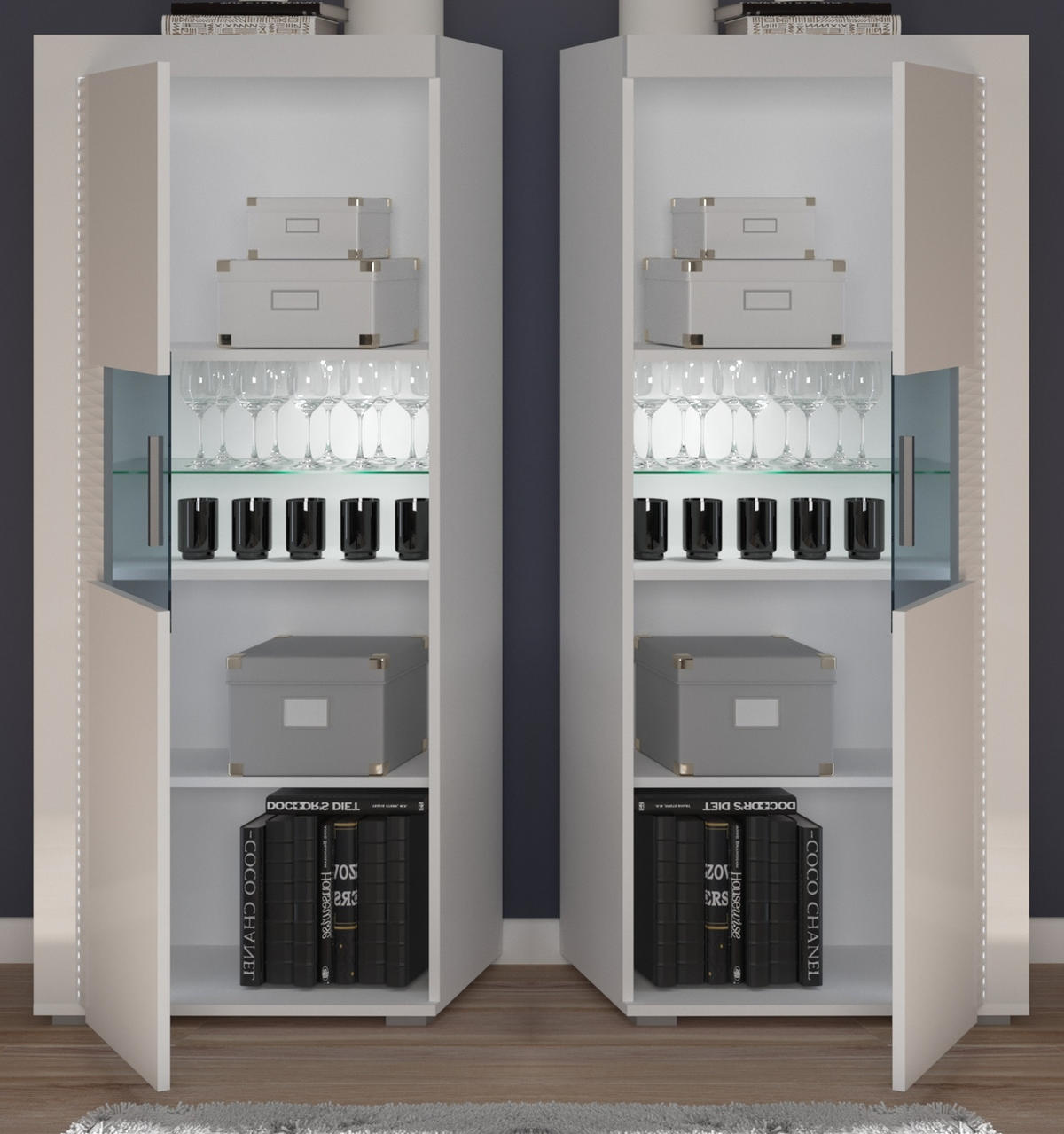 VITRINE weiß Hochglanz 60 x 150 cm, Soft-Close-Funktion, inkl. Beleuchtung - Weiß Hochglanz/Silberfarben, Glas/Holzwerkstoff (60/148/37cm) - Inn.Furn
