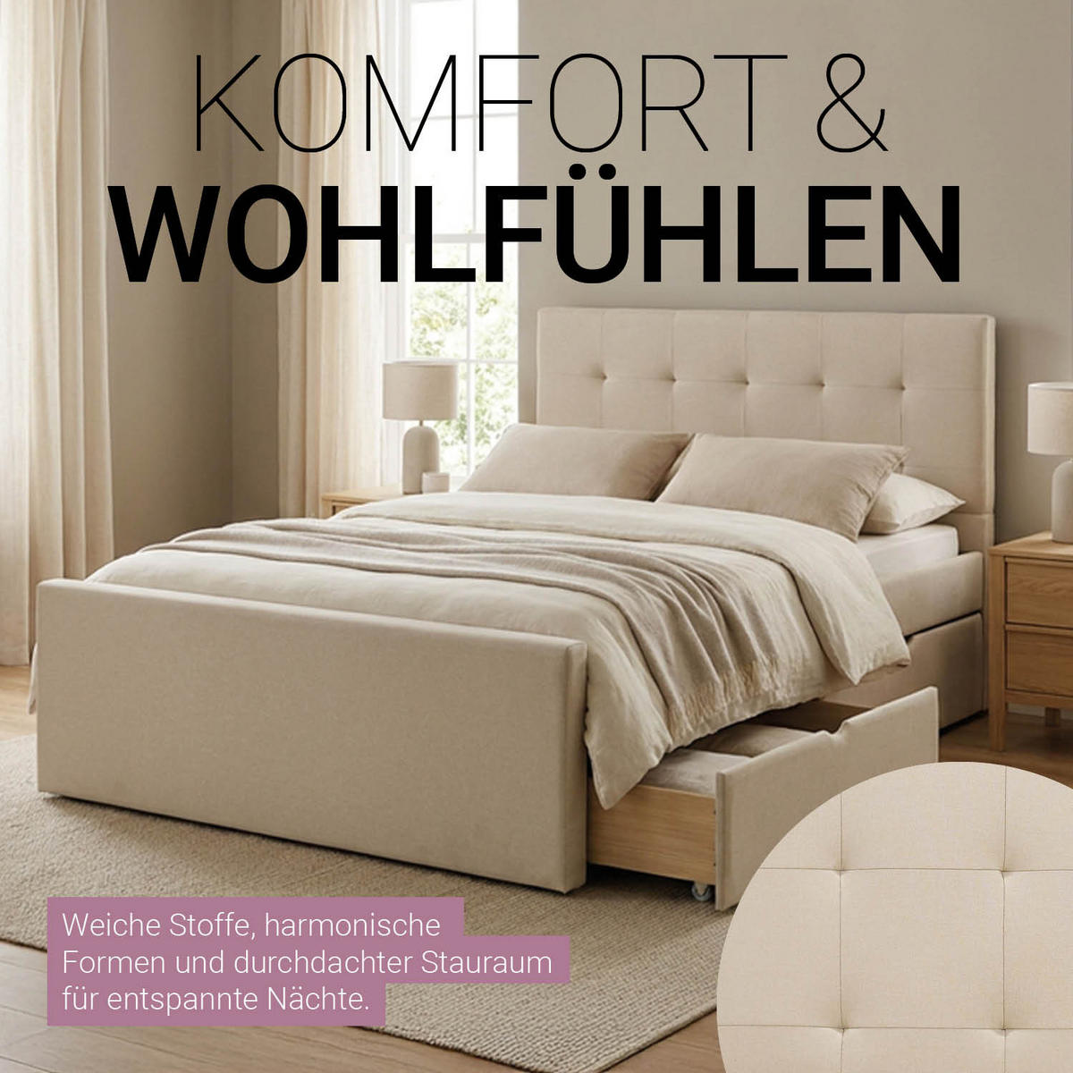 POLSTERBETT mit Stauraum 140/200 cm in Beige + Lattenrost - Anthrazit/Beige, Textil (140/200cm) - Homestyle4u