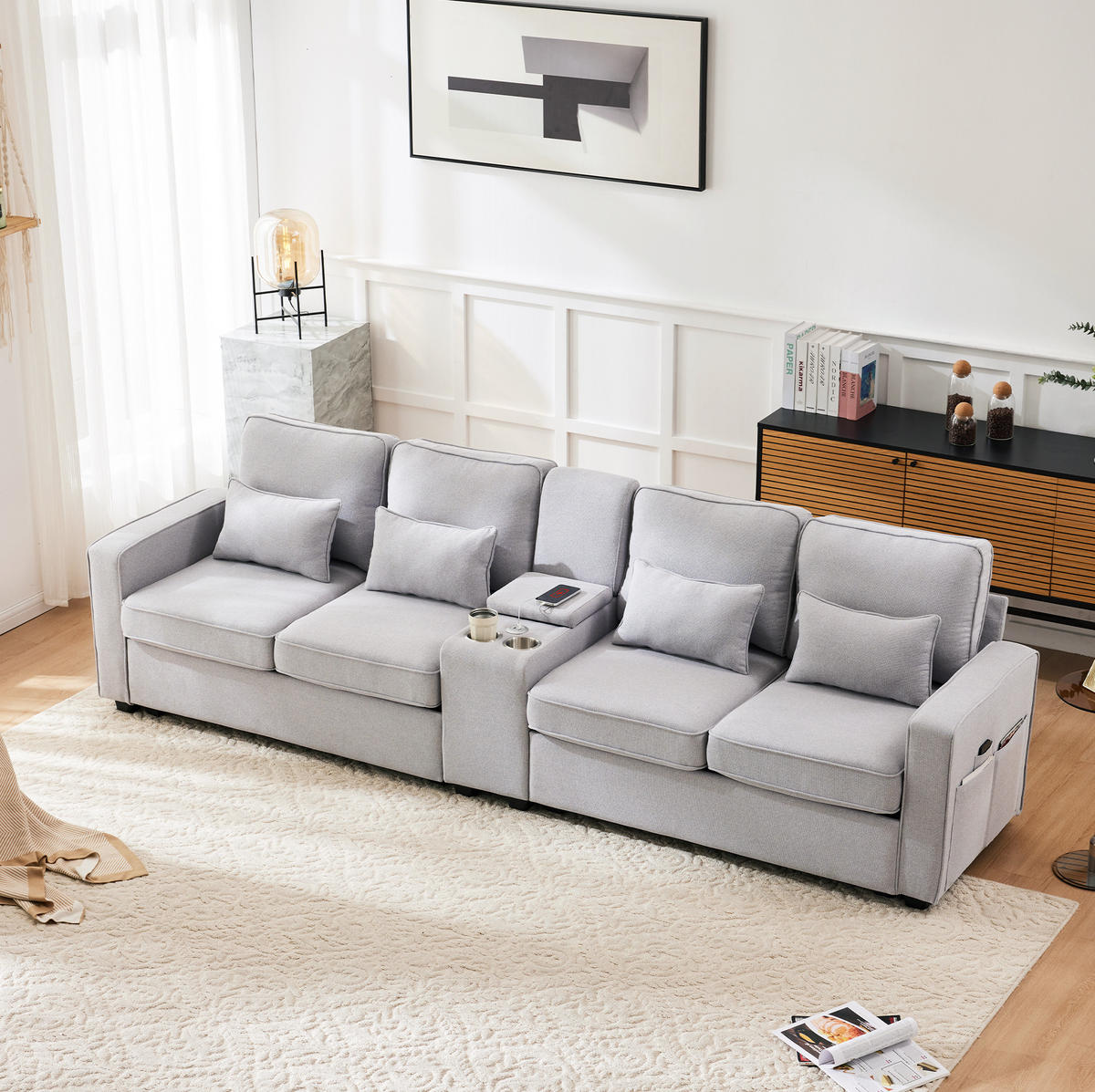 4-SITZER Sofa Leinenstoff mit Konsole 2 Getränkehaltern und 2 USB-Anschluss 290/83/88 cm Hellgrau - Hellgrau, Textil (88/290/83cm) - Redom