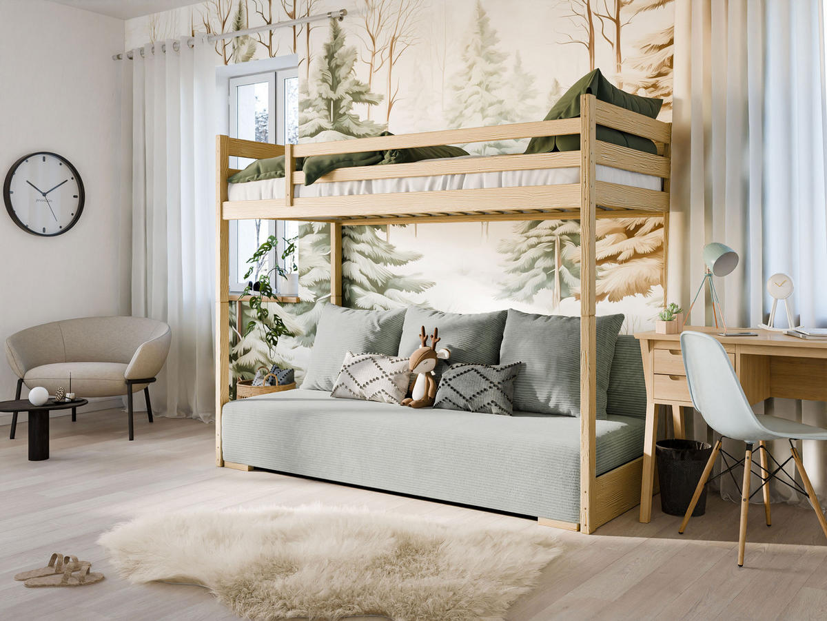 HOCHBETT mit Schlafsofa 200x140 cm in natur und salbeifarben - Salbeigrün/Naturfarben, Holz (140/200cm) - Kids Collective