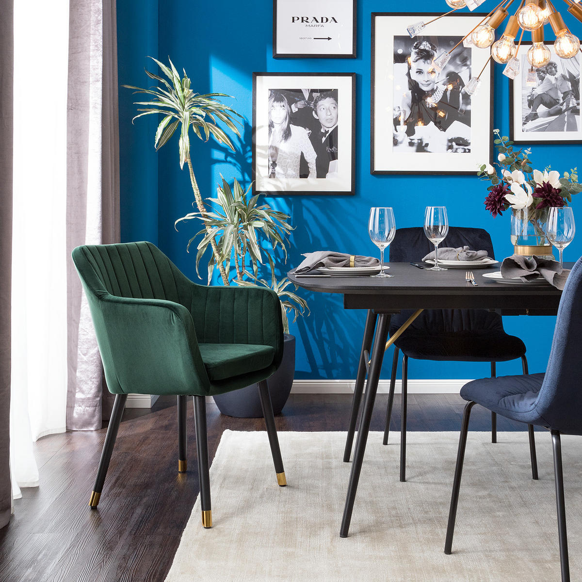 ARMLEHNENSTUHL - Eiche massiv / Samt - Schwarz/Grün, Textil (60/85/60cm) - home24