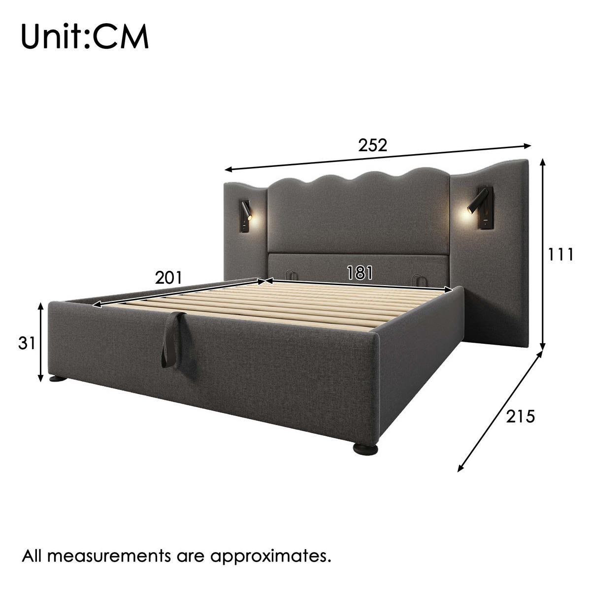 POLSTERBETT aus Leinen 180x200 cm in Grau mit Leselampe & USB-C-Ladefunktion - Grau, Textil (180/200cm) - Modfu