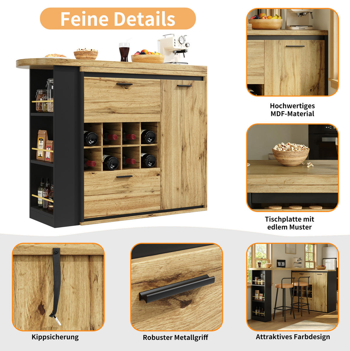 ESSTISCH 138-220/39/105 cm ausziehbar mit 2 Schubladen, Weinregal und offenen Fächern, Holzfarben - Naturfarben, Holzwerkstoff (138/39/105cm) - Redom