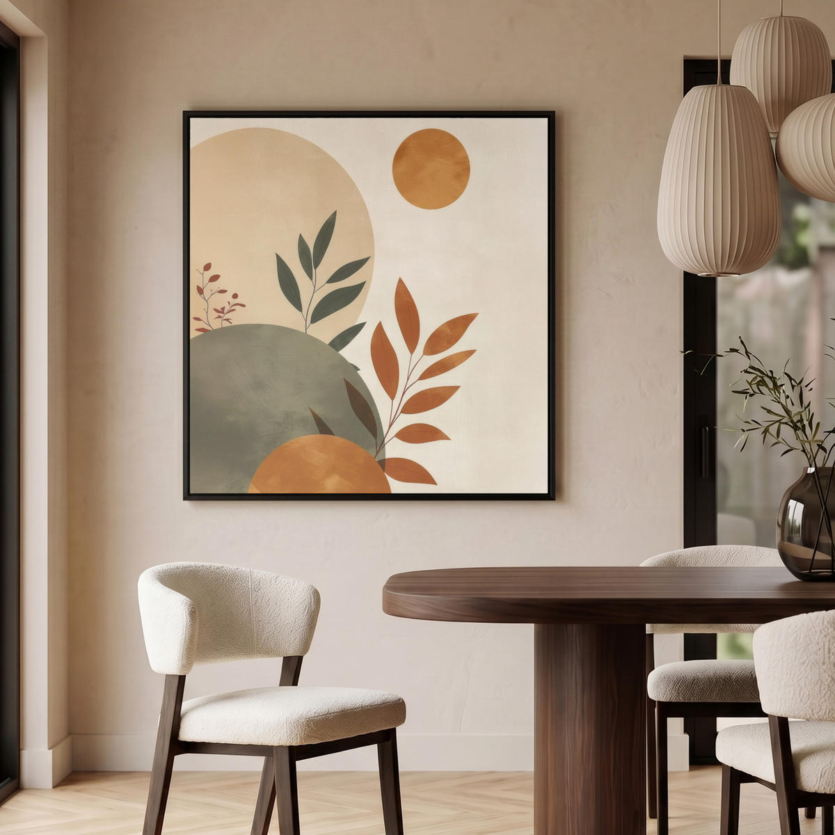 LEINWAND Bilder mit Rahmen - Formen - Rund - Blätter - Beige - 90x90 - Rostfarben, Textil (90/90cm) - MuchoWow