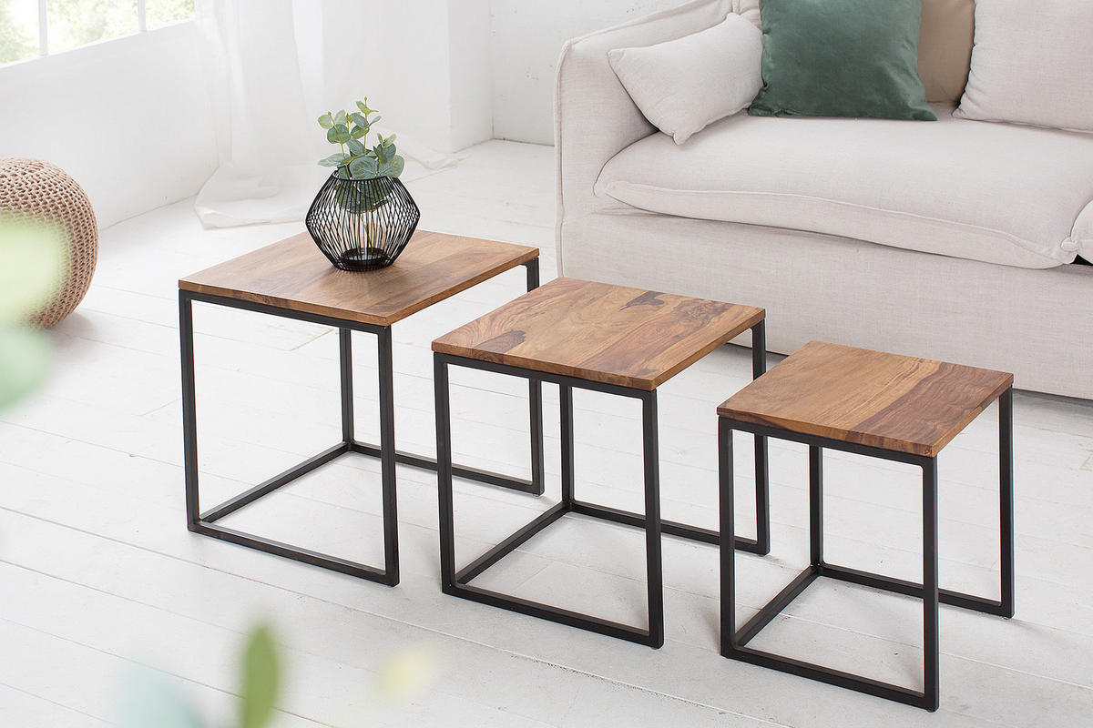 BEISTELLTISCH ELEMENTS Sheesham Natur 40 cm 3er Set - Schwarz/Naturfarben, Holz/Metall (40/40/42cm) - riess-ambiente