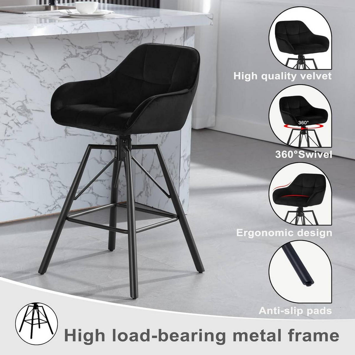 BARHOCKER 4er Set, Samt, Metall, Schwarz - Schwarz, Textil/Metall (51/94.5/53cm) - Woltu