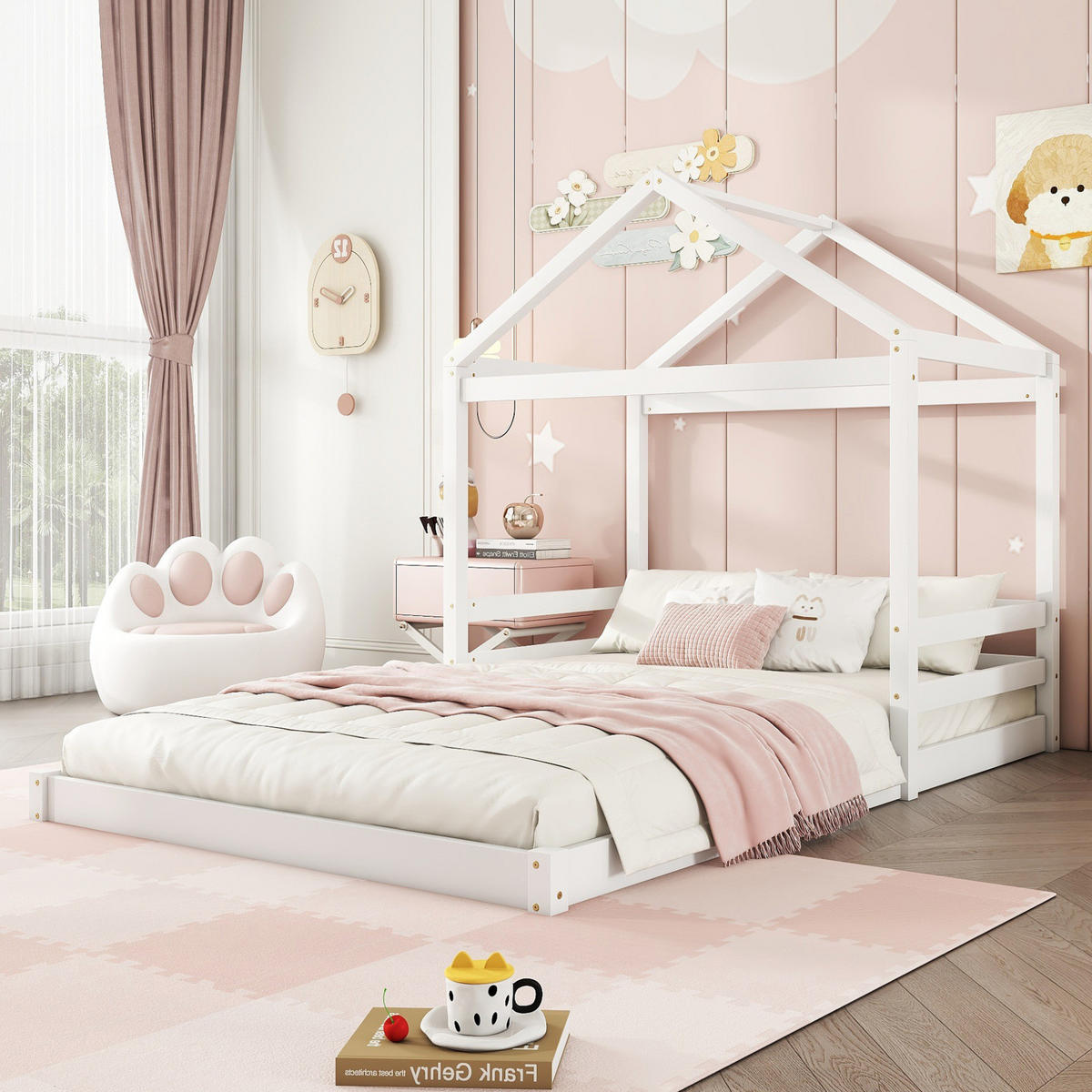 POSTELJA v obliki hiše 140/200 cm bela z letvenim dnom iz borovega lesa in MDF - bela, les (140/200cm) - OKWISH