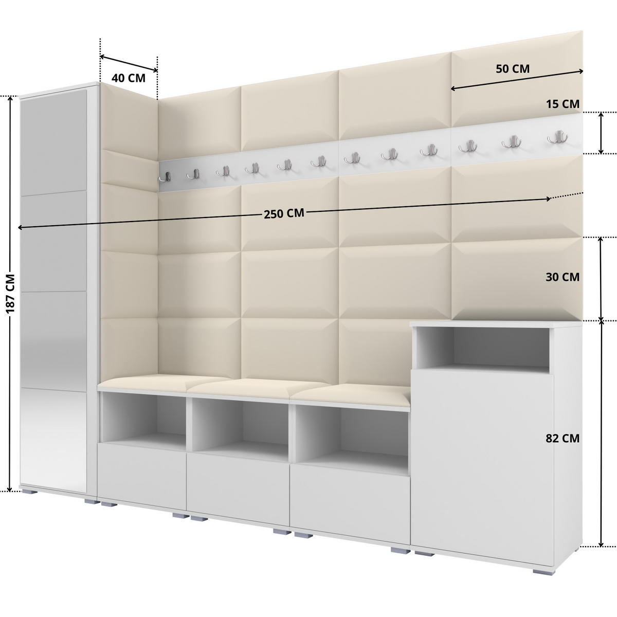 GARDEROBE NELA XI 250 cm (Modulare Flurmöbel Weiß mit Spiegel & Sitzpolster Creme 01 Großes Set) - Silberfarben/Creme, Holz/Holzwerkstoff (250/187/40cm) - Ravio