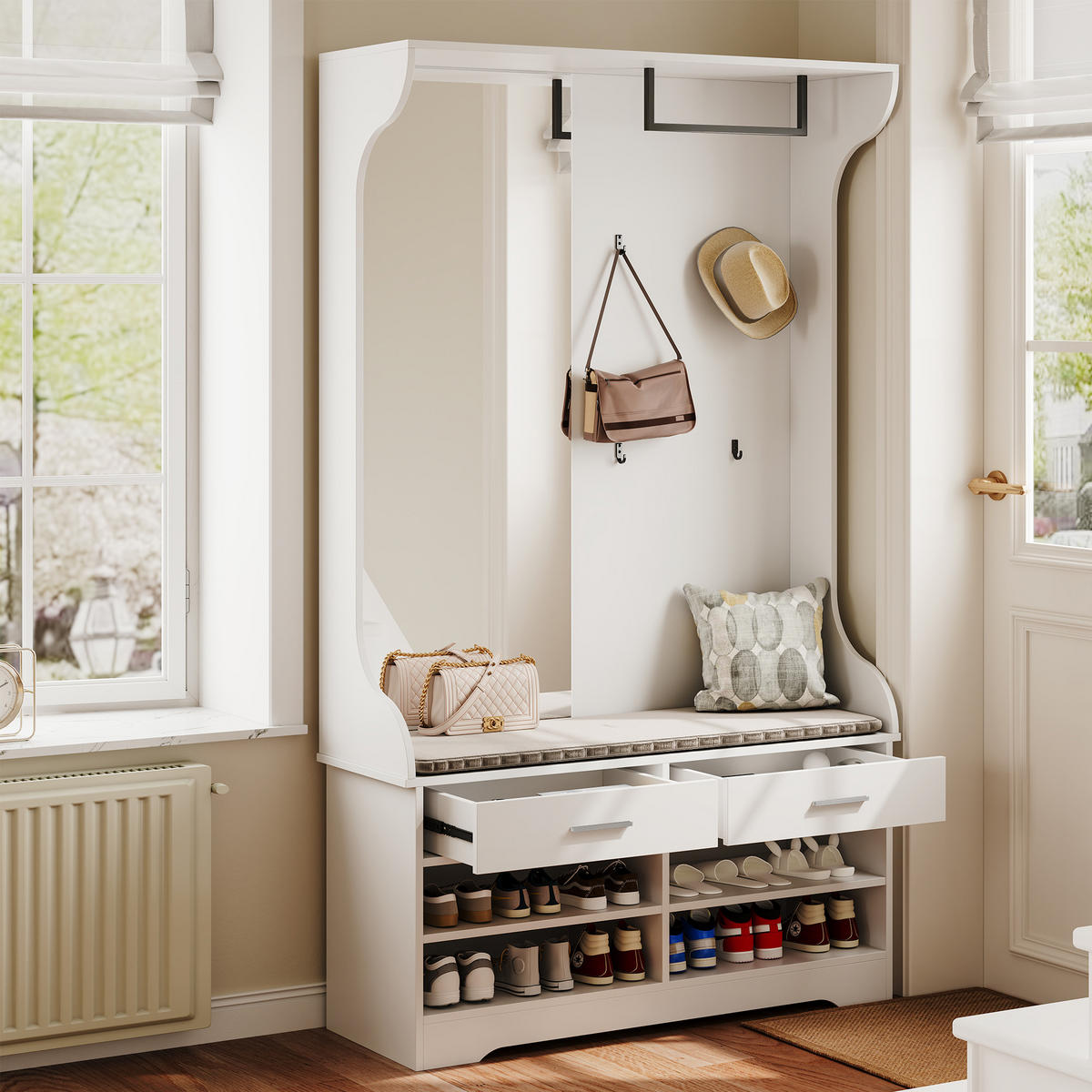 GARDEROBENSTÄNDER, weiß, Spiegel, Haken, Stange, Schuhfach integriert - Weiß, Glas (100/180/35cm) - EuroLiving