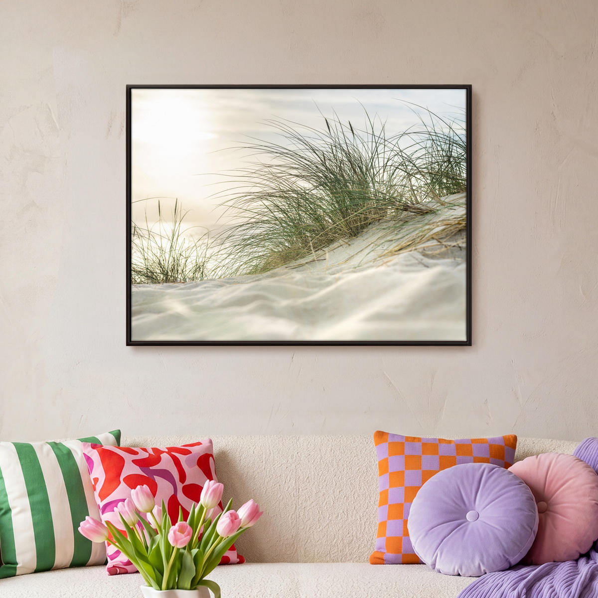 LEINWAND Bilder mit Rahmen - Dünen mit Strandhafer in der Sonne des Nationalparks Schleswig-Holsteinisches Wattenmeer - 70x50 - Creme, Textil (70/50cm) - MuchoWow