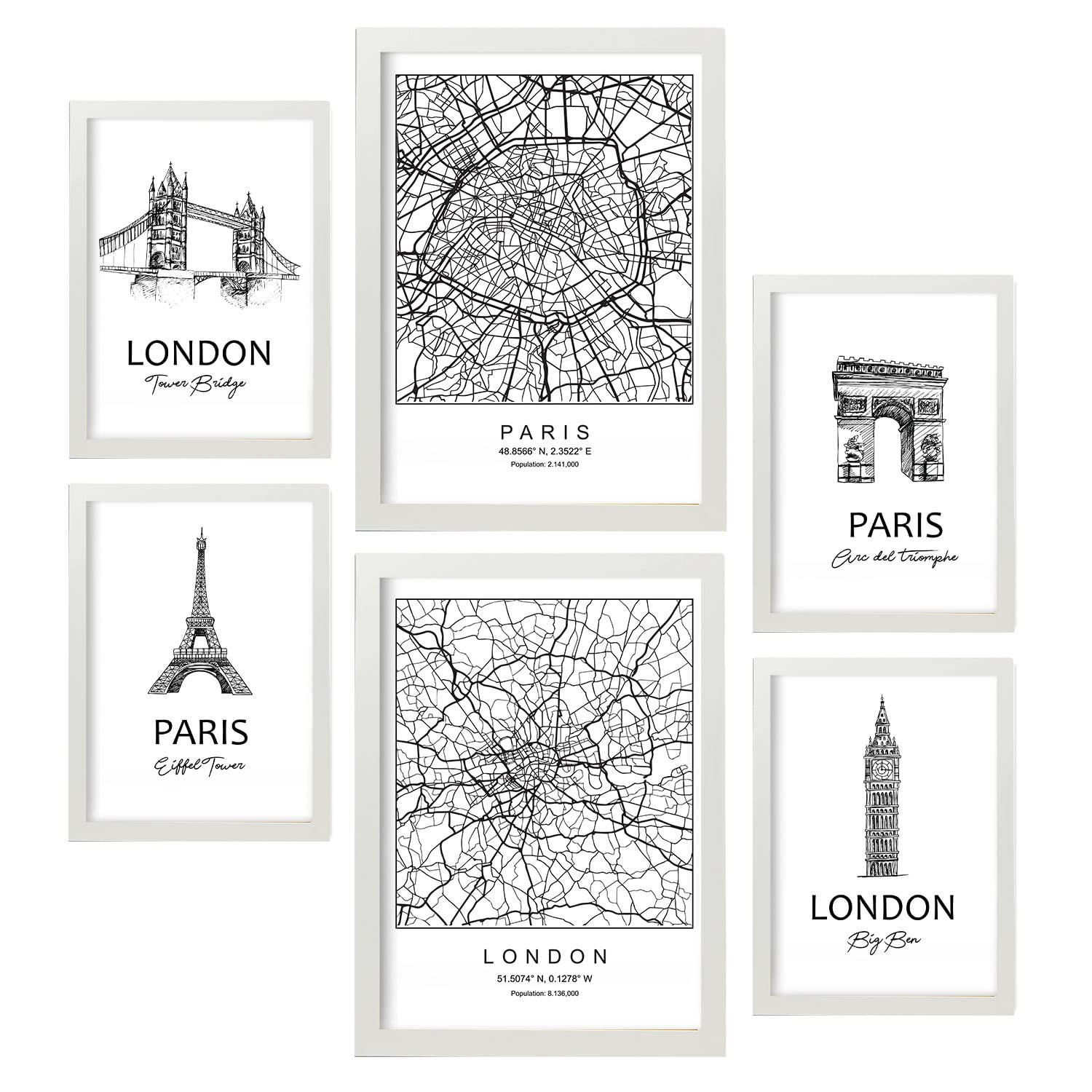 POSTER Set Mit 6 Von Paris Und London Sammlung A3 & A4 Weißer Rahmen - Weiß, Papier (29/3cm) - Nacnic
