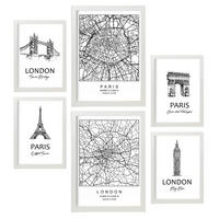 POSTER Set Mit 6 Von Paris Und London Sammlung A3 & A4 Weißer Rahmen - Weiß, Papier (29/3cm) - Nacnic