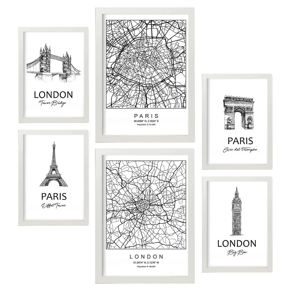 POSTER Set Mit 6 Von Paris Und London Sammlung A3 & A4 Weißer Rahmen - Weiß, Papier (29/3cm) - Nacnic