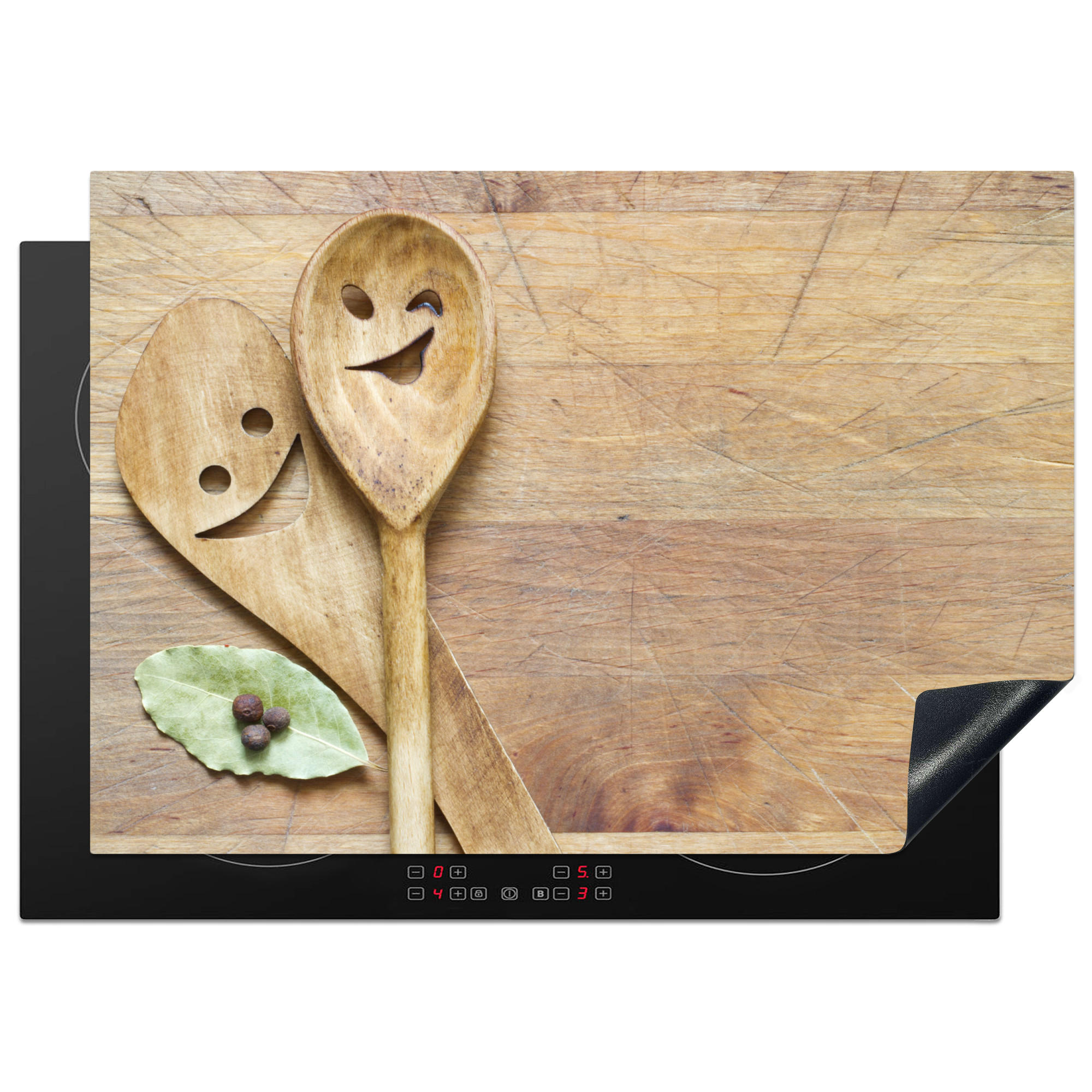 HERDABDECKPLATTE Holz - Löffel - Braun - Smiley 75x52 cm - Hellbraun, Kunststoff (75/0.2/52cm) - MuchoWow