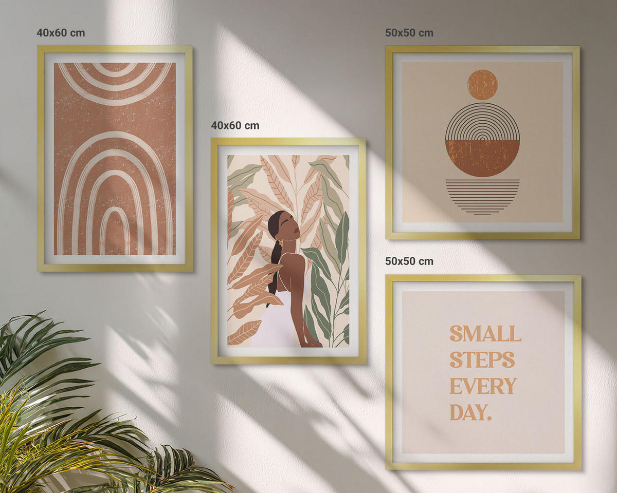 WANDBILDER 4er Set - 50x50 cm & 40x60 cm Goldrahmen - Stilvolle Pflanzenmuster und Geometrie - Goldfarben, Kunststoff (50/50cm) - ArtPrintCave