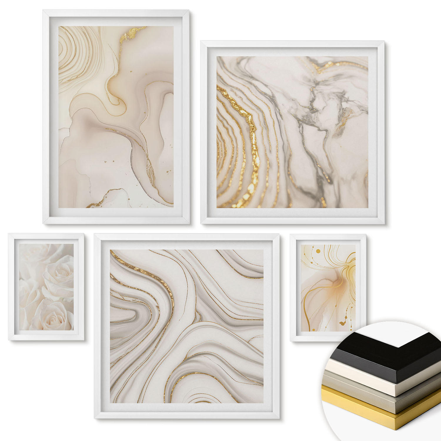 WANDBILDER 5er-Set - 50x50 cm & 20x30 cm & 40x60 cm Weißer Rahmen - Landschaften Natur Felder Sonne - Weiß, Kunststoff (40/60cm) - ArtPrintCave