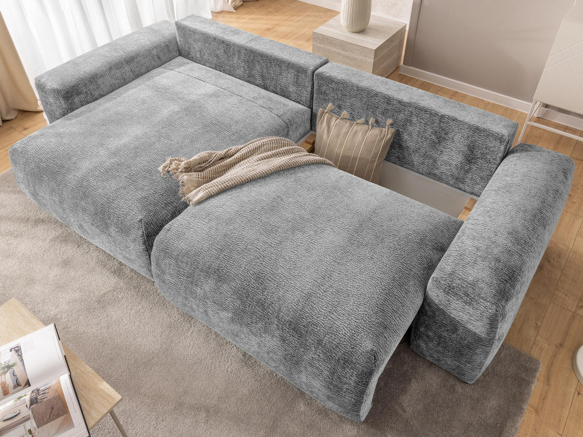 ECKSOFA Puffy mit Schlaffunktion und Bettkasten - besonders weich und puffig aus Hellgrau Stoff mit Chenillestruktur - Ottomane links - Hellgrau/Schwarz, Holz/Kunststoff (138/266cm) - S-Style Möbel
