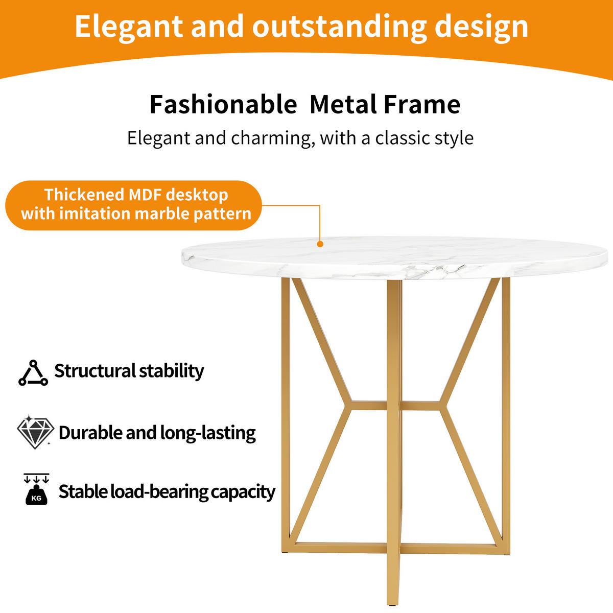 ESSTISCH Rund 80x80x76cm Marmoroptik Goldgestell - Weiß Hochglanz/Goldfarben, Metall (80/80/76cm) - FLIEKS