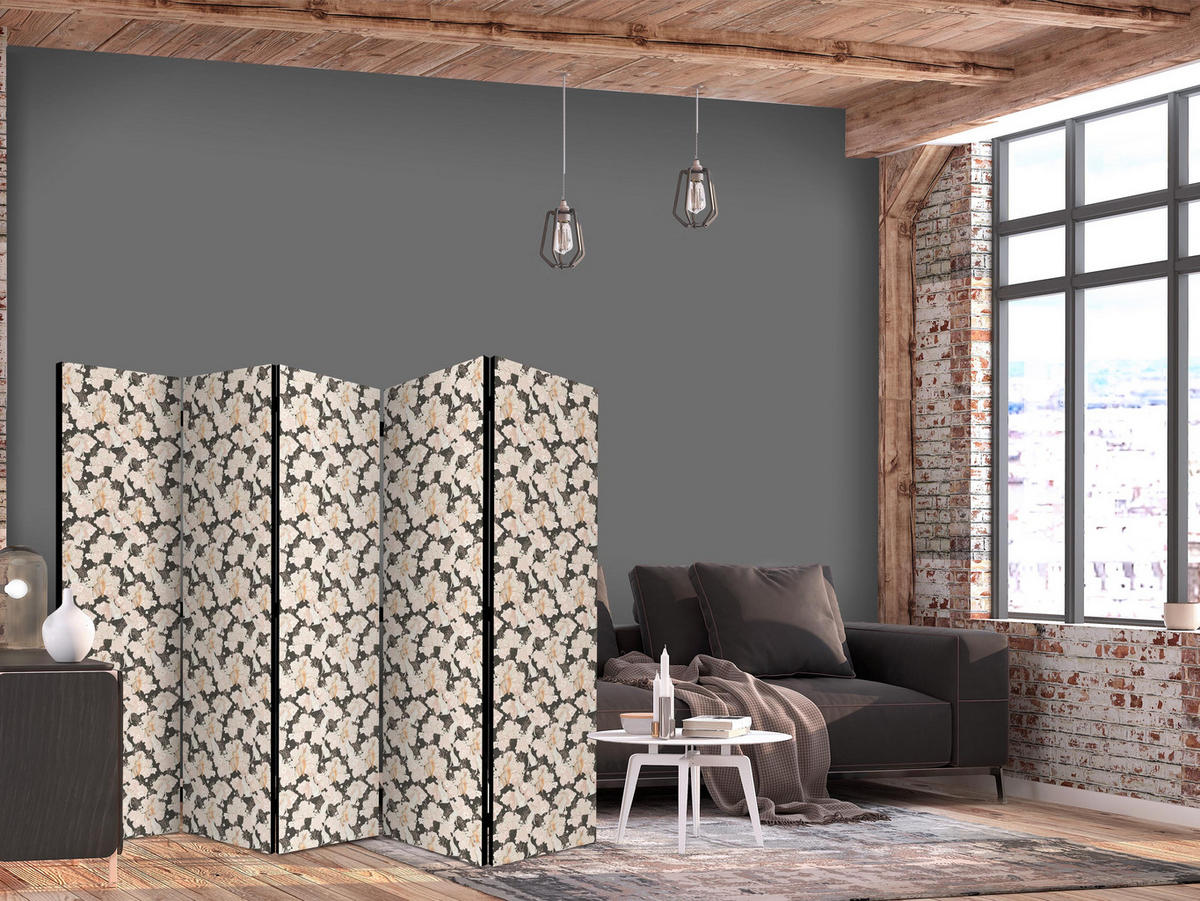 PARAVÁN Obojstranný 5-dielny 225x172 cm Boho Kvety a Zajace - krémová, drevo/textil (225/172/3cm) - Muralo